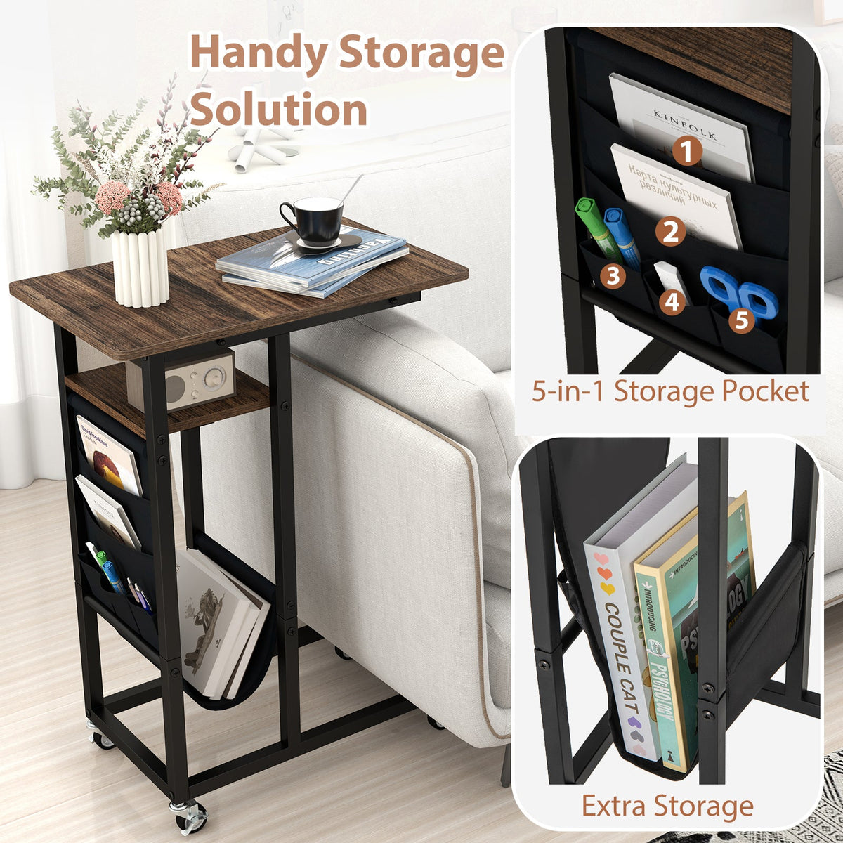C-shaped End Table with Charging Station and Retractable Tabletop-Coffee