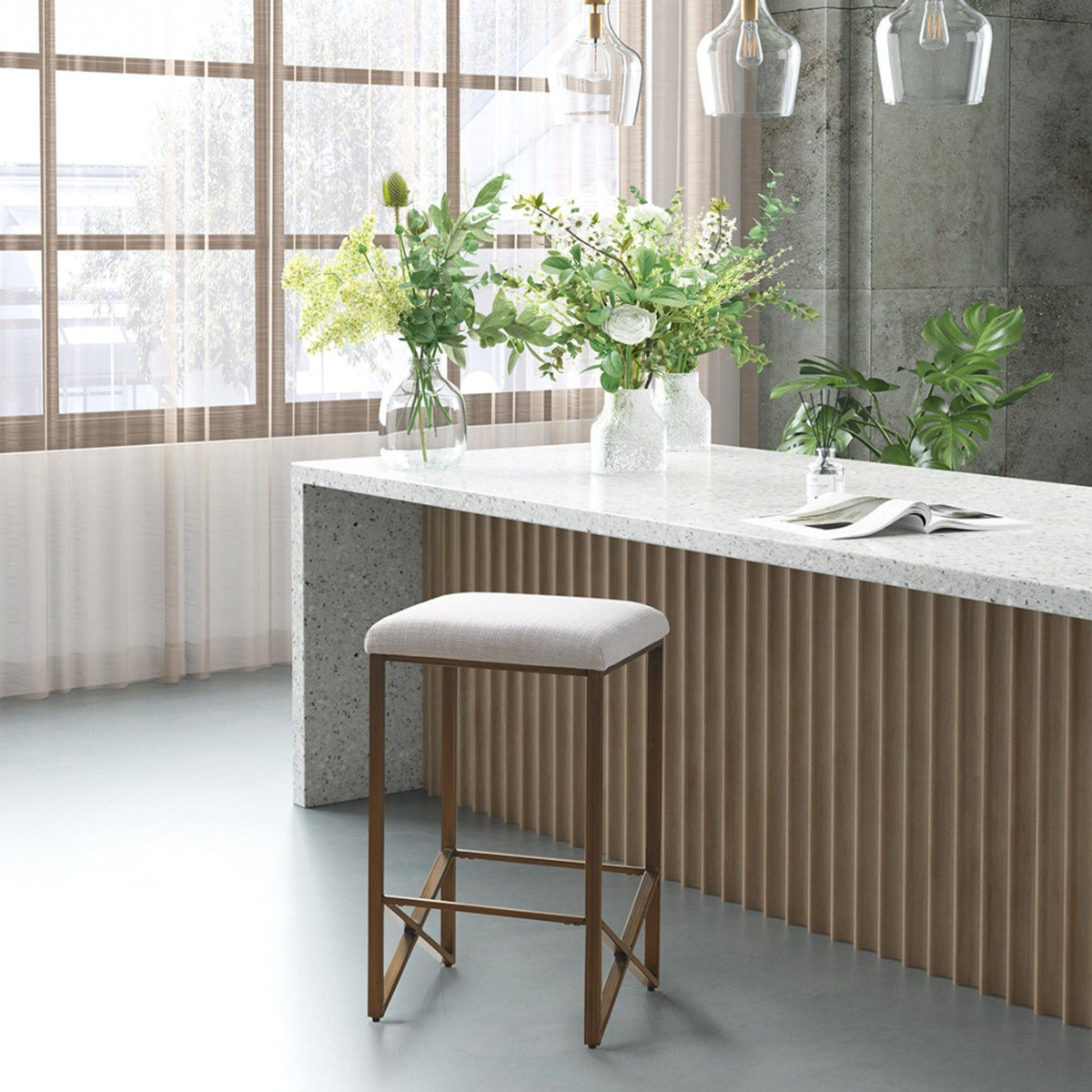 Backless Upholstered Counter Stool With Padded Seat - Ivory / Bronze