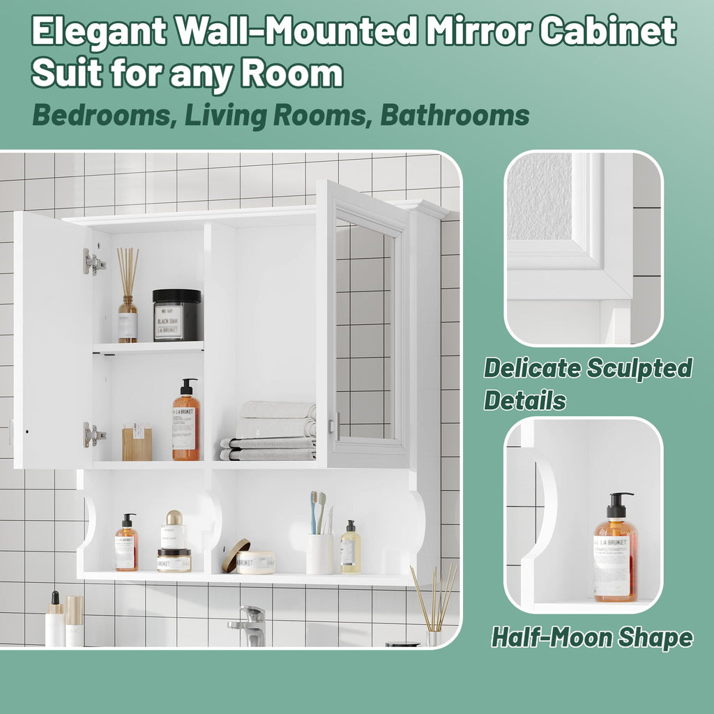 Wall Mounted Mirror Medicine Cabinet, Bathroom Storage With Doors And Open Shelves