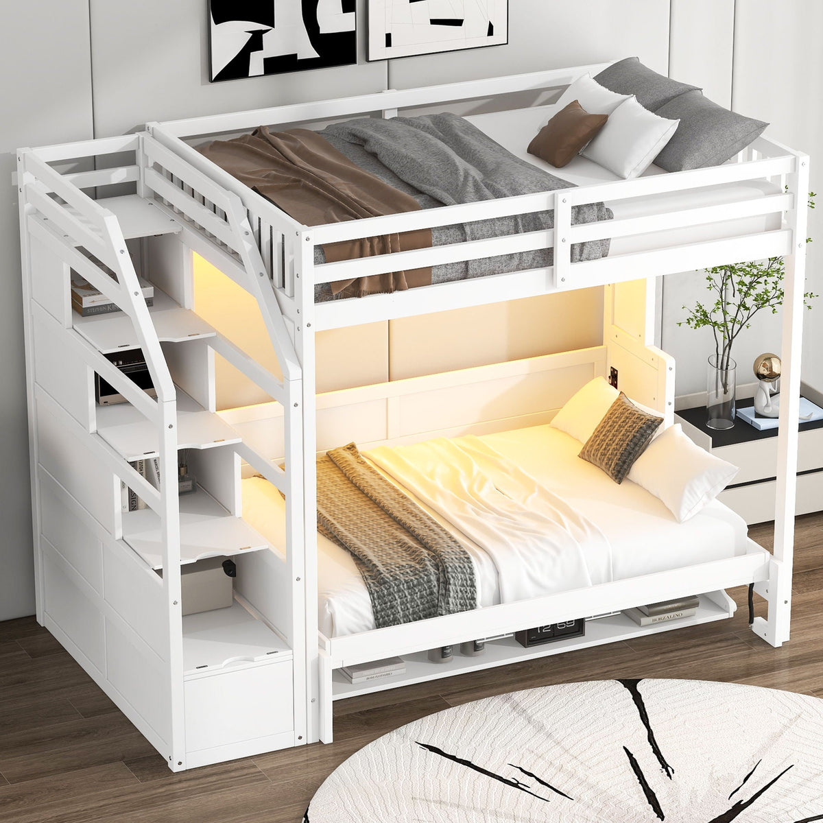 Full Long Loft Bed With Storage Staircase, Murphy Bed, LED Light - White