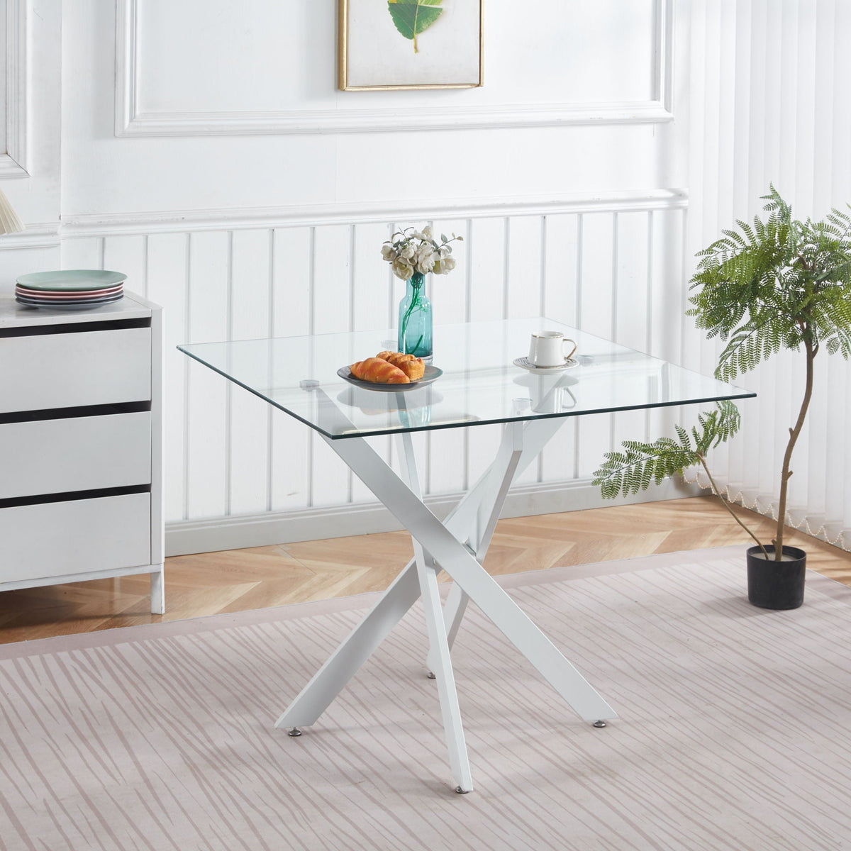 Dining Table With Cross Metal Leg And Tempered Glass, Modern Space Saving Kitchen Table For Living Room Legs, Square Table