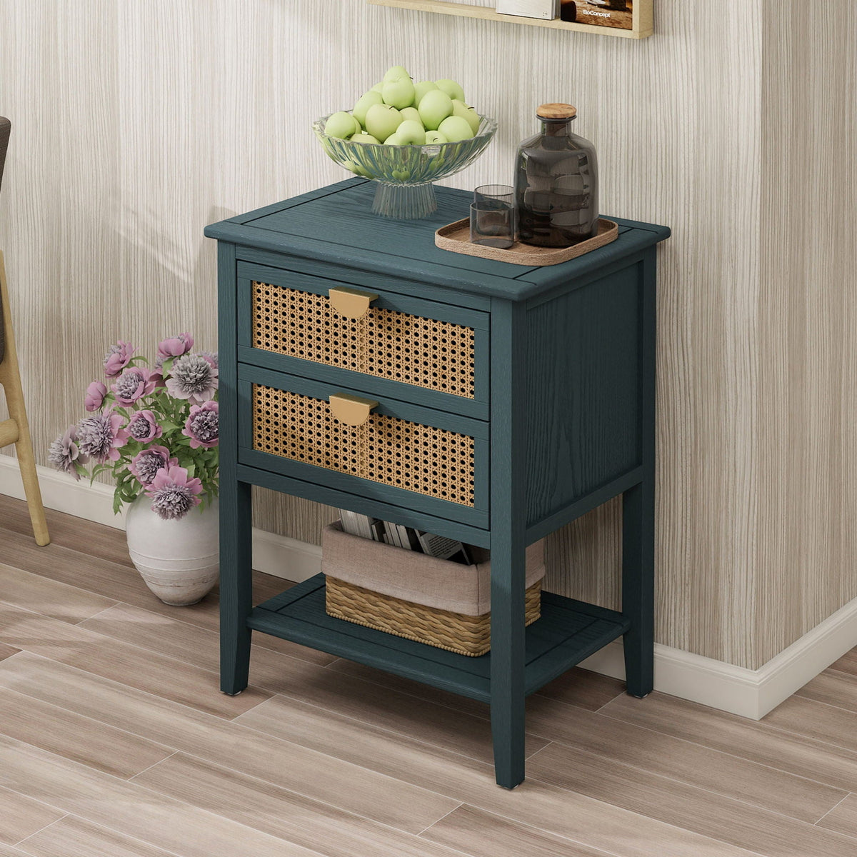 2 Drawer Side Table, Natural Rattan