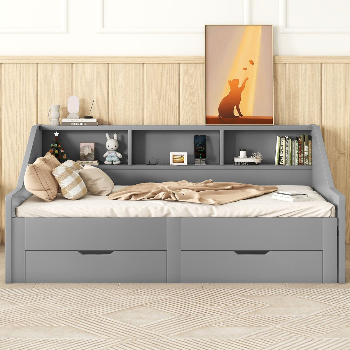 Daybed Frame With Storage Bookcases, 2 Drawers, Charging Station