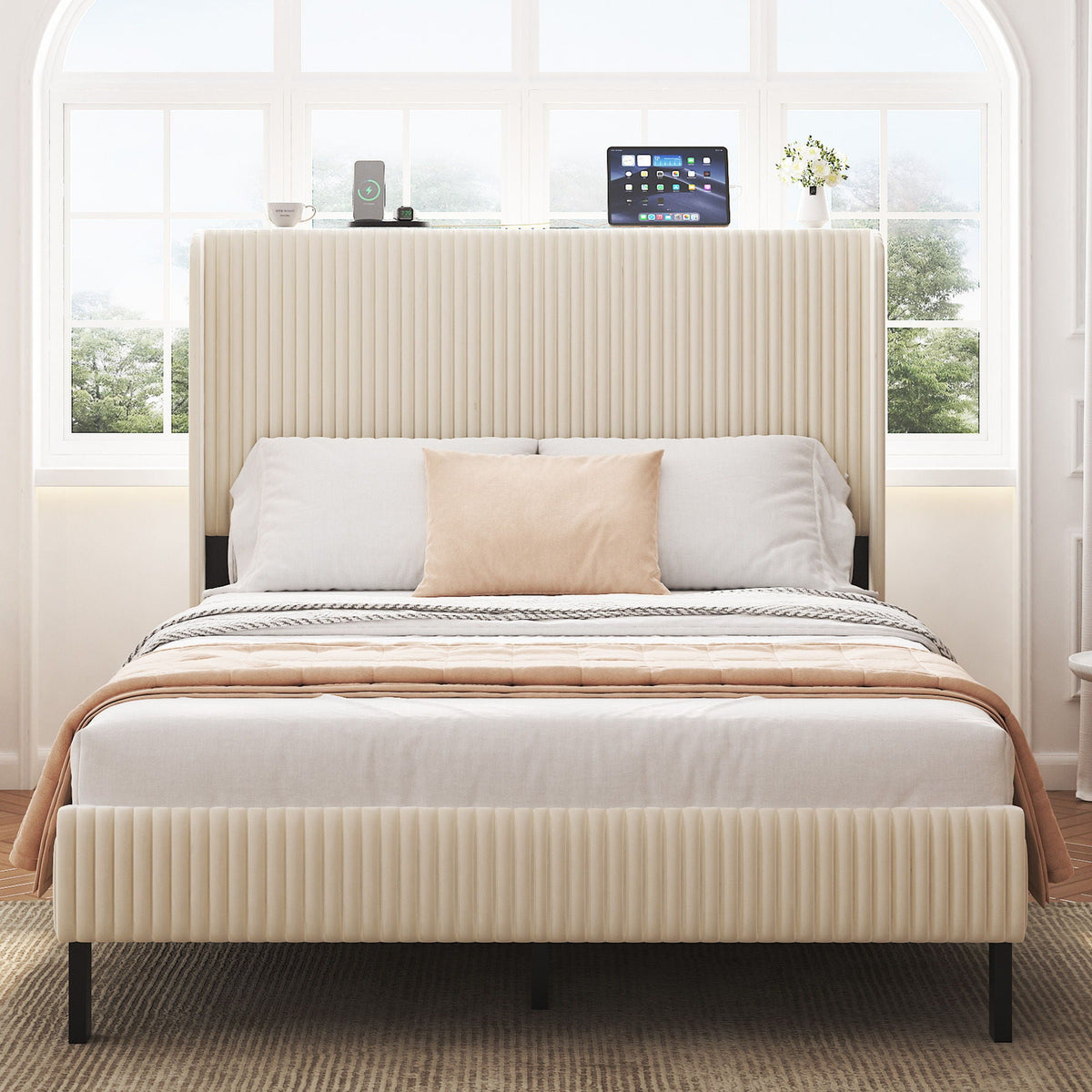 Platform Bed With Metal Frame And Charging Station