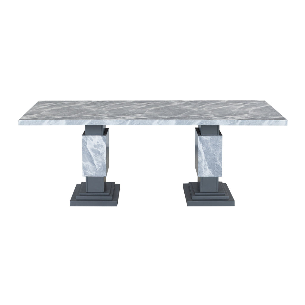 Michelle - Dining Table With Double Pedestal Marble Detailing - Gray