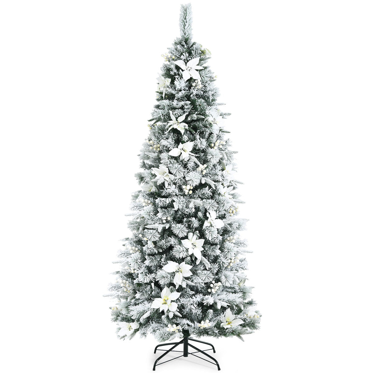 Snow Flocked Christmas Pencil Tree with Berries and Poinsettia Flowers