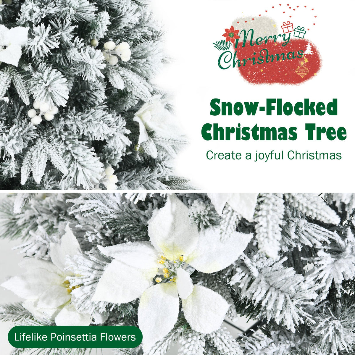 Snow Flocked Christmas Pencil Tree with Berries and Poinsettia Flowers