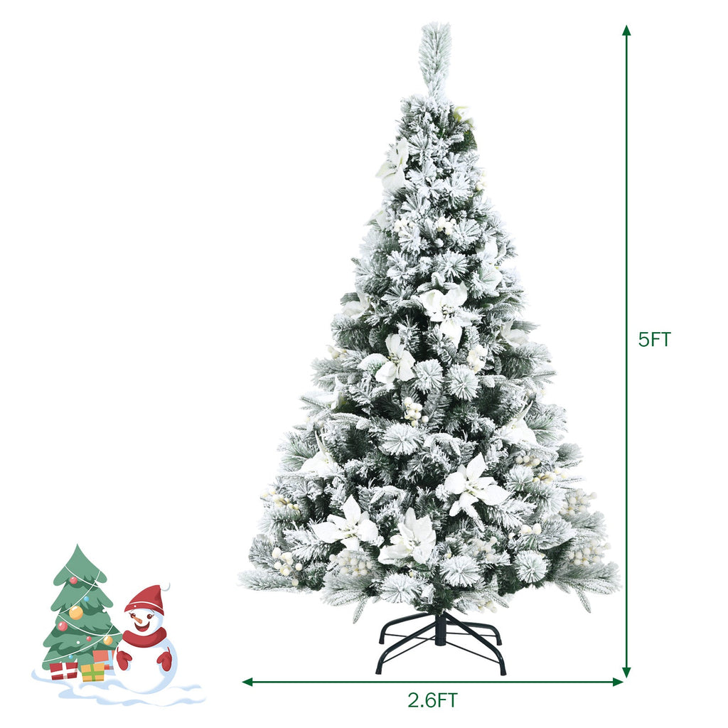 Snow Flocked Christmas Pencil Tree with Berries and Poinsettia Flowers