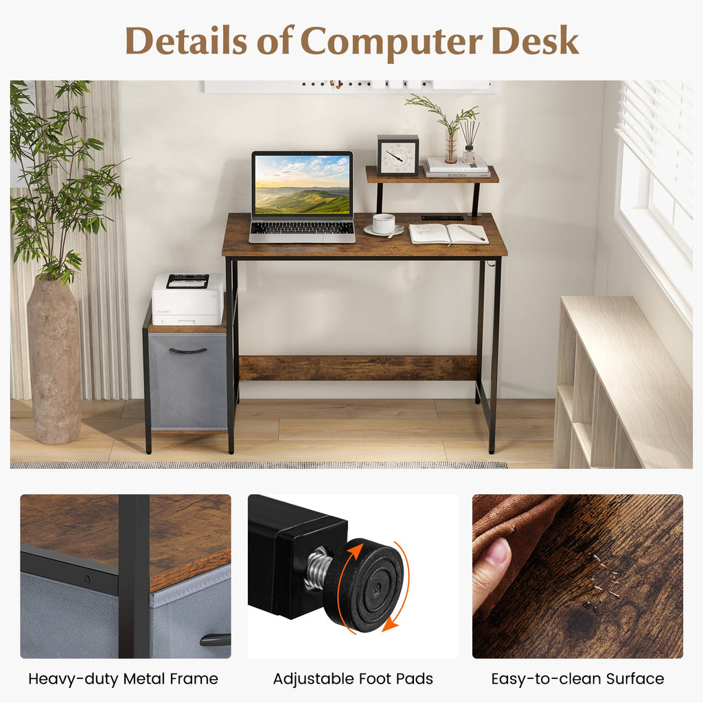 Computer Desk with Reversible Storage Drawer and Moveable Shelf-Brown