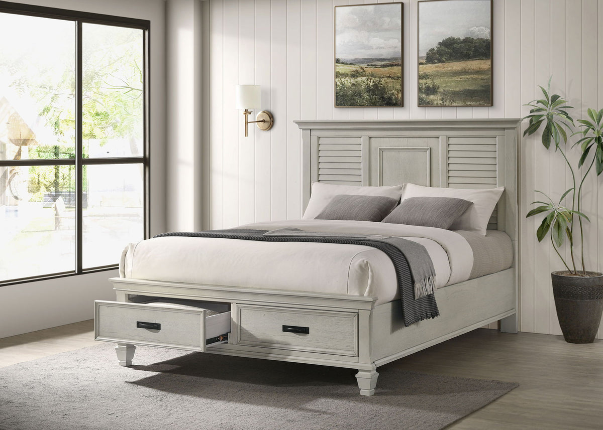 Franco Wood Queen Storage Panel Bed Distressed White