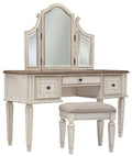 Realyn - Vanity/Mirror/Stool (Set of 3) - White / Brown / Beige