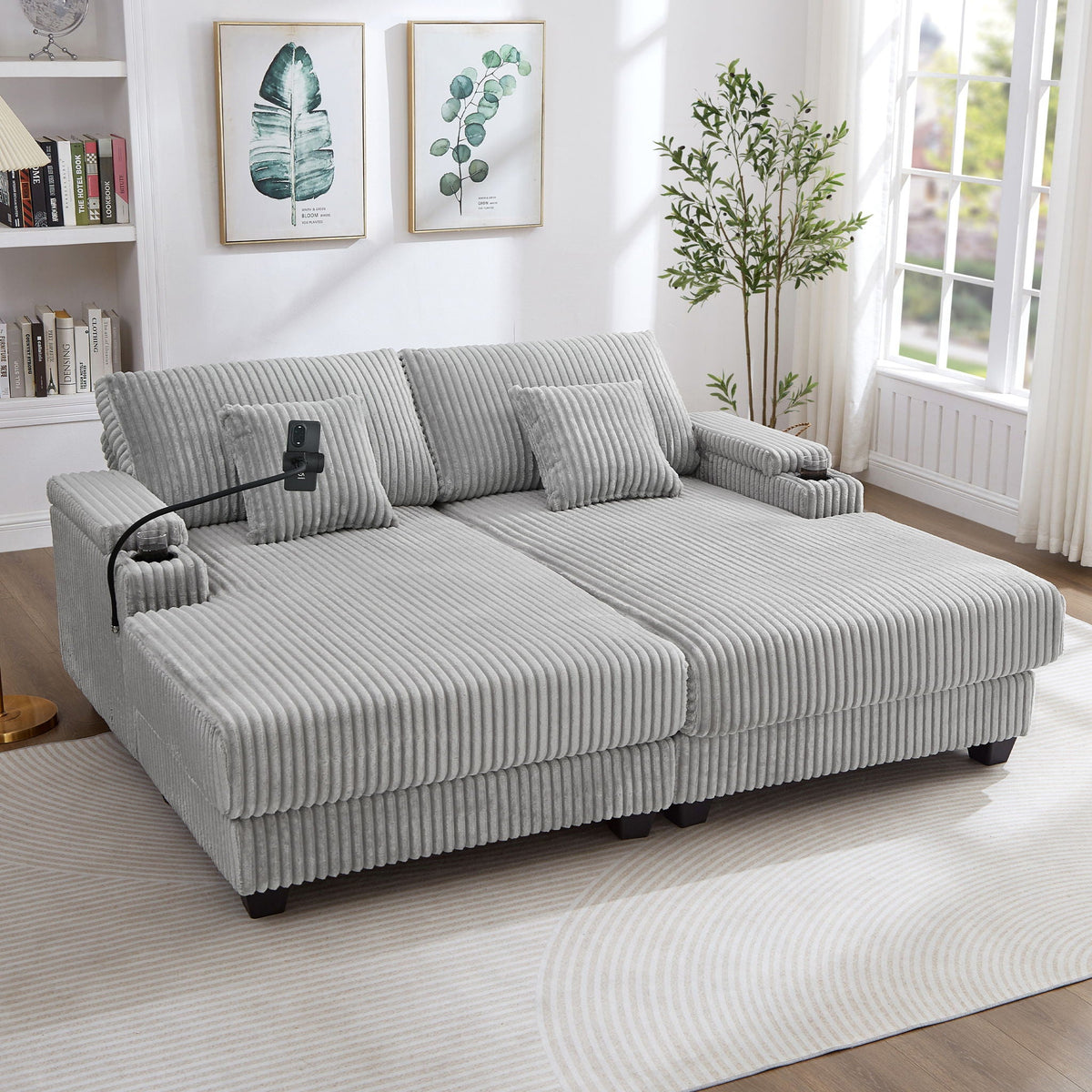Modern Chaise Sofa With Adjustable Backrest, Cup Holders, Phone Holder & Storage Compartments For Living Room