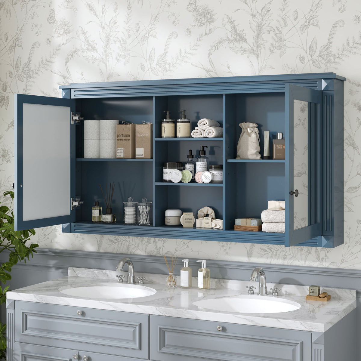 Modern Wall-Mount 2 In 1 Mirror Cabinet With Adjustable Shelves, Soft-Closing Hinges