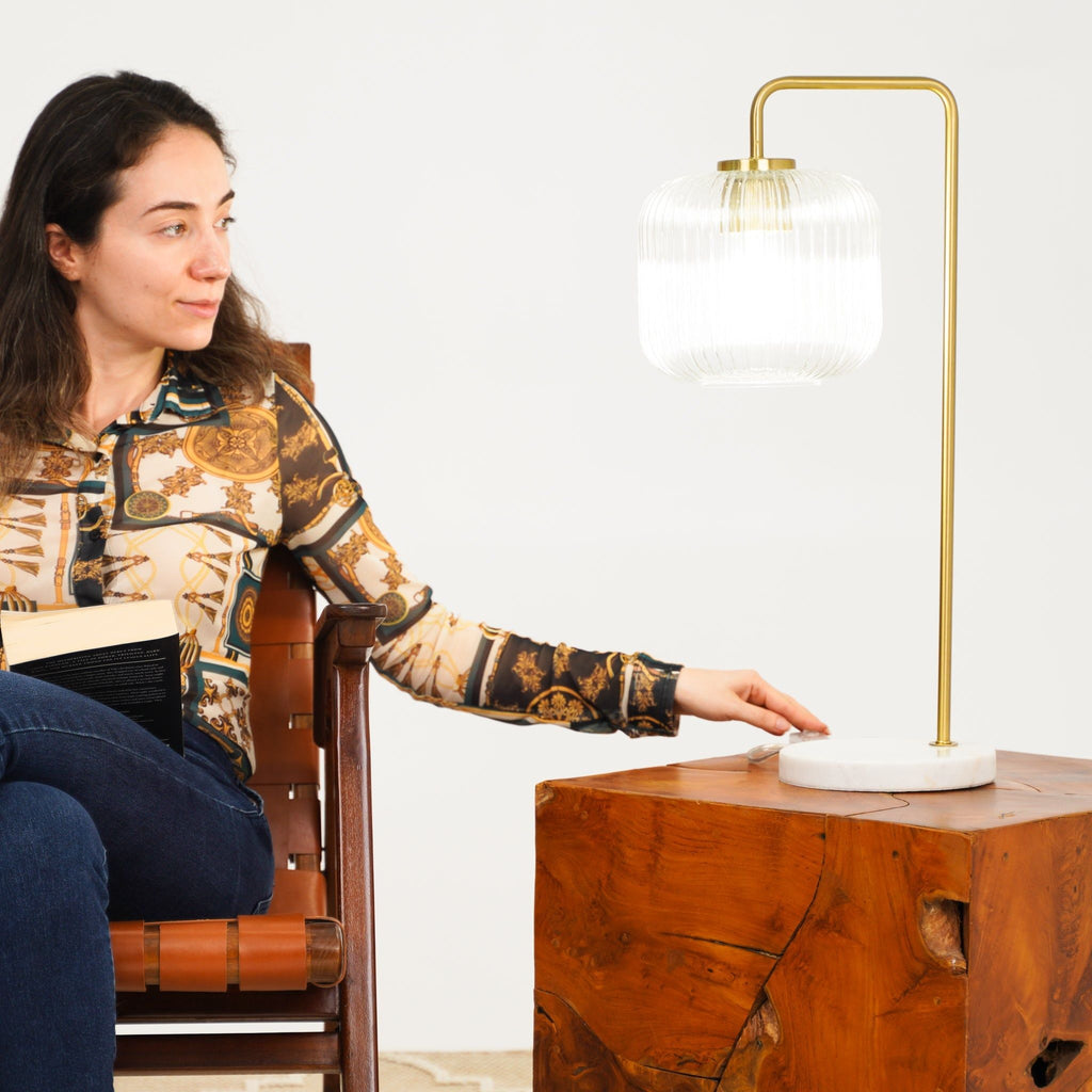 Haven - Clear Table Lamp, Button Control - Gold / White / White Marble