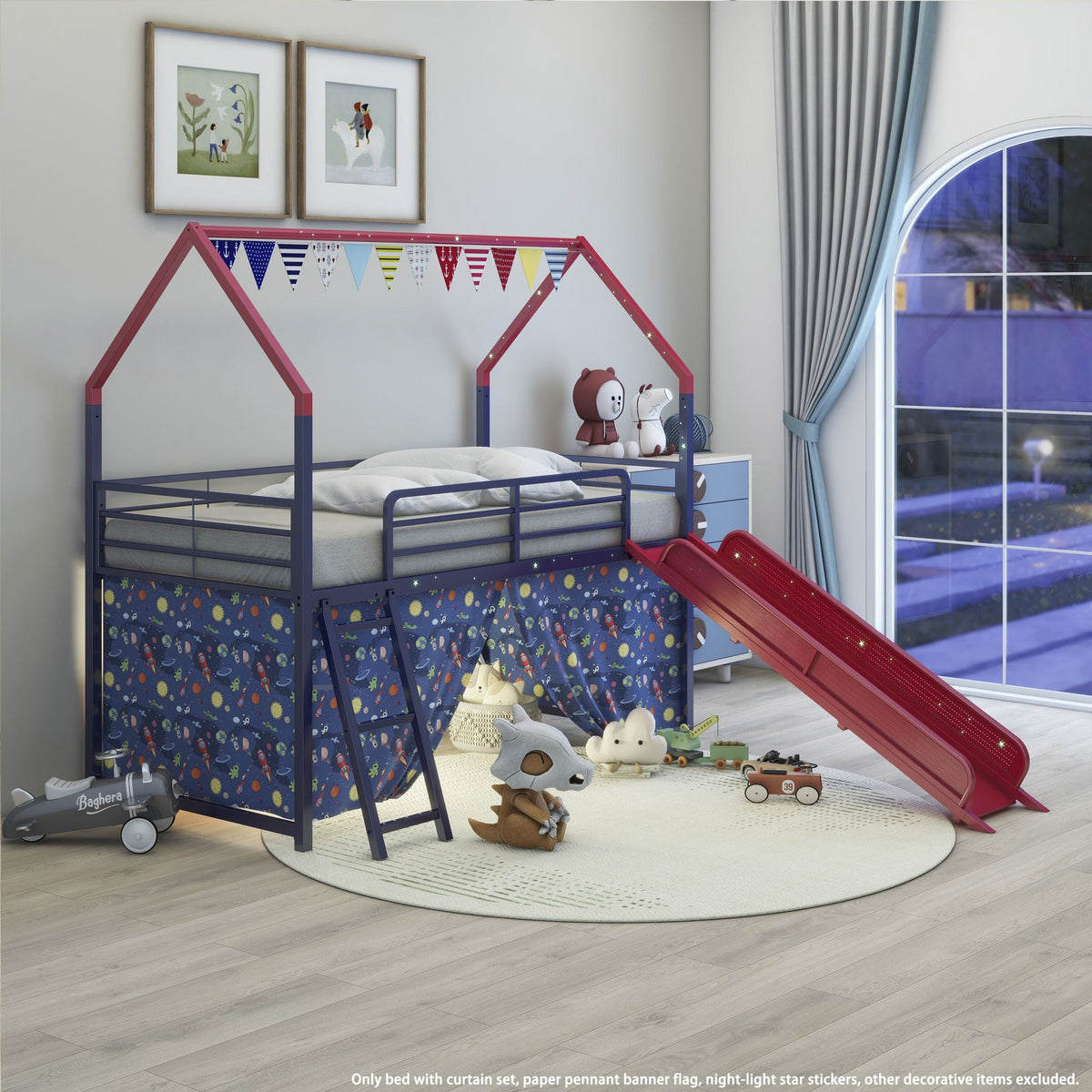 Jack - House Loft Bed With Slide And Curtain Set