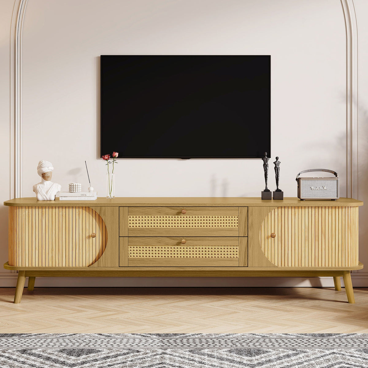 Rattan TV Stand For Tvs Up To 75'', Modern Farmhouse Media Console, Entertainment Center With Legs, TV Cabinet For Living Room, Home Theatre - Natural Wood