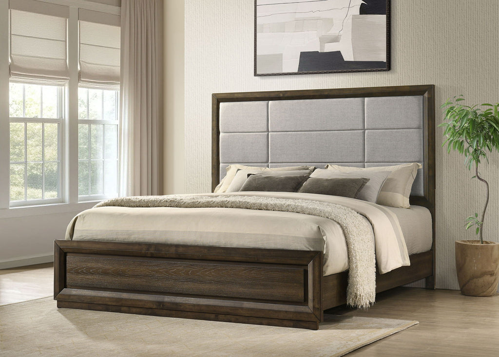 Atlas 63-inch California King Upholstered Panel Bed Grey and Dark Oak