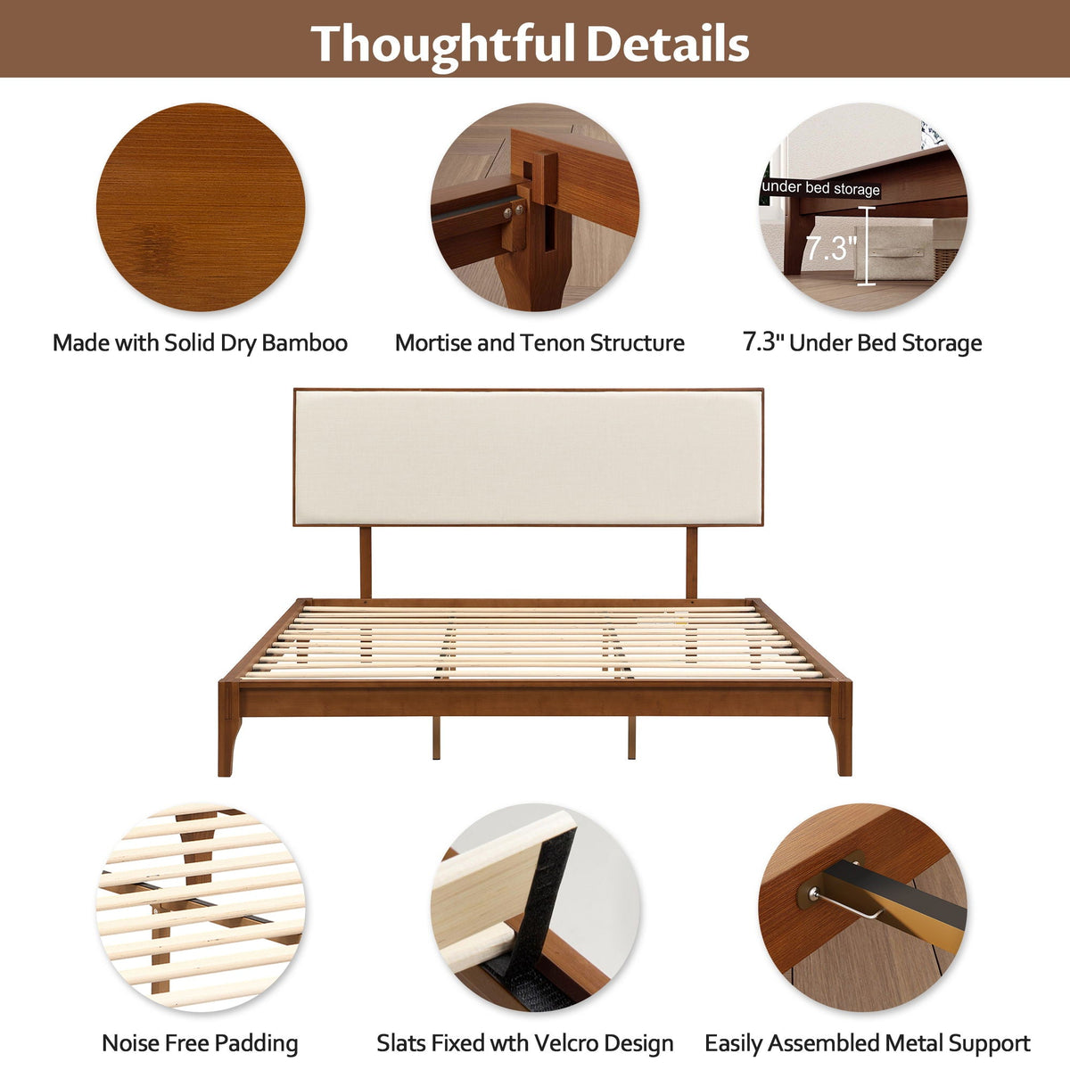 King Size Solid Dry Bamboo Wood 12" Platform Bed With Adjustable Bamboo Headboard - Brown