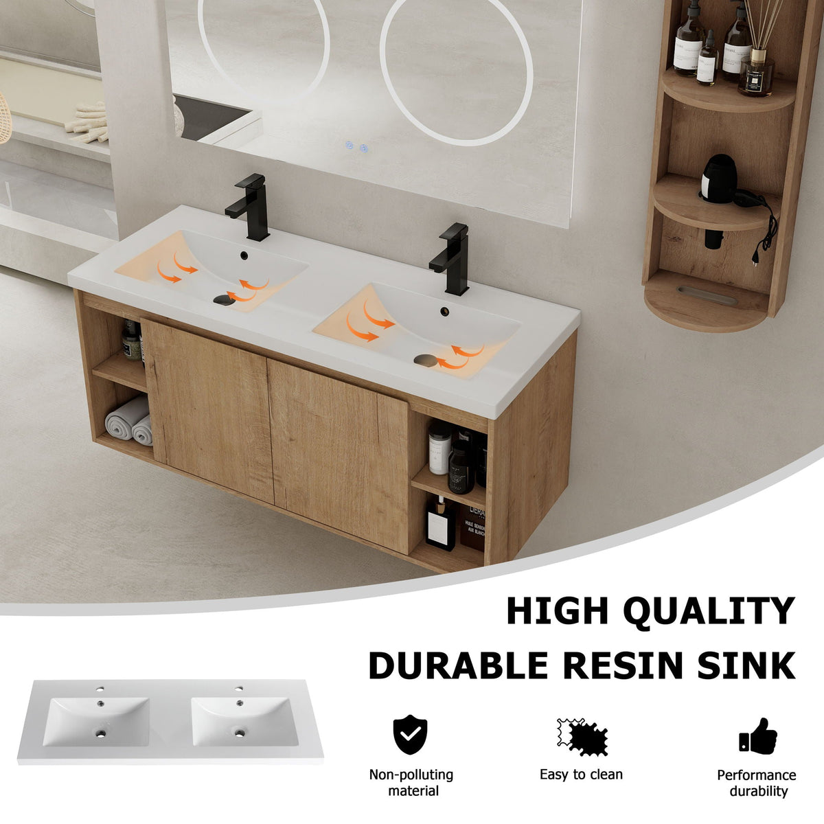 Modern 48" Wall Mounted Bathroom Vanity With Double Resin Sink And Storage Rack Soft Close Doors - Imitative Oak