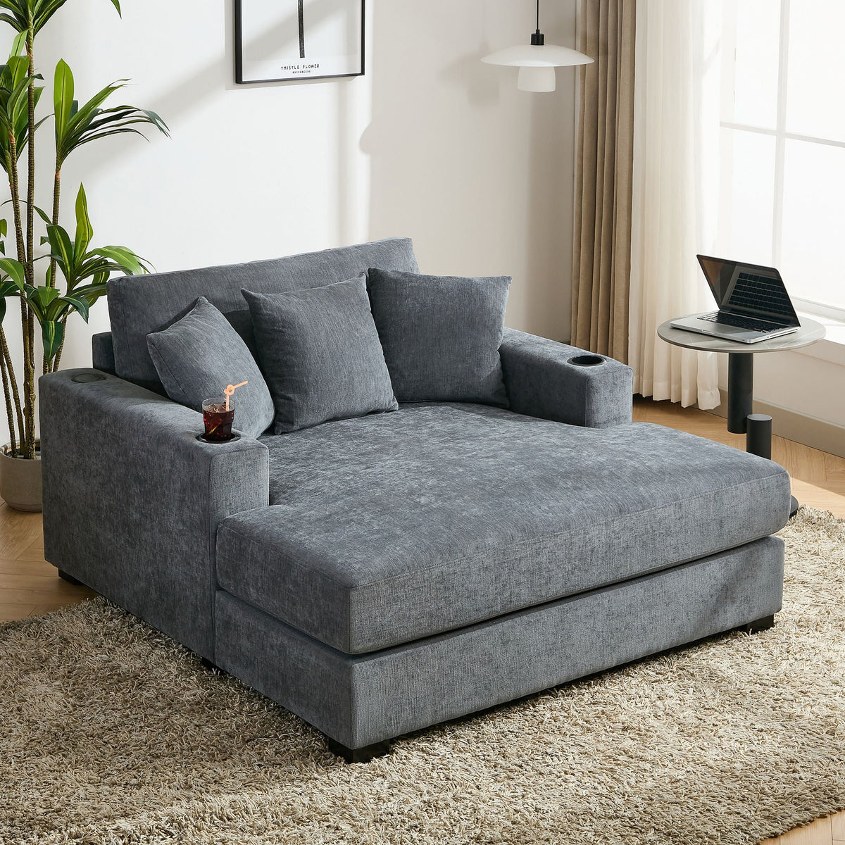 Oversized Chaise Lounger Modern Style Sofa Couch, With Pillows, Charge Station & Cup Holders