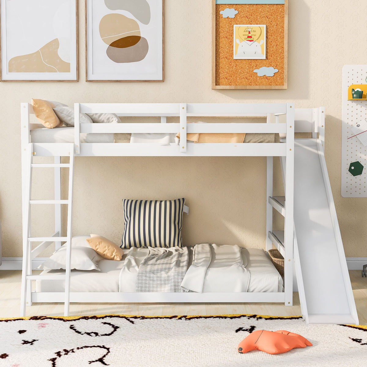 Bunk Bed With Ladder, Slide, And Shelves Pine Wood