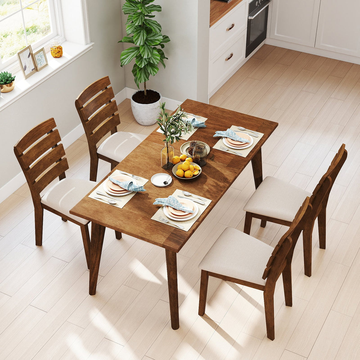 Dining Chair Set of 2 with Slatted High Backrest and Rubber Wood Legs-Brown
