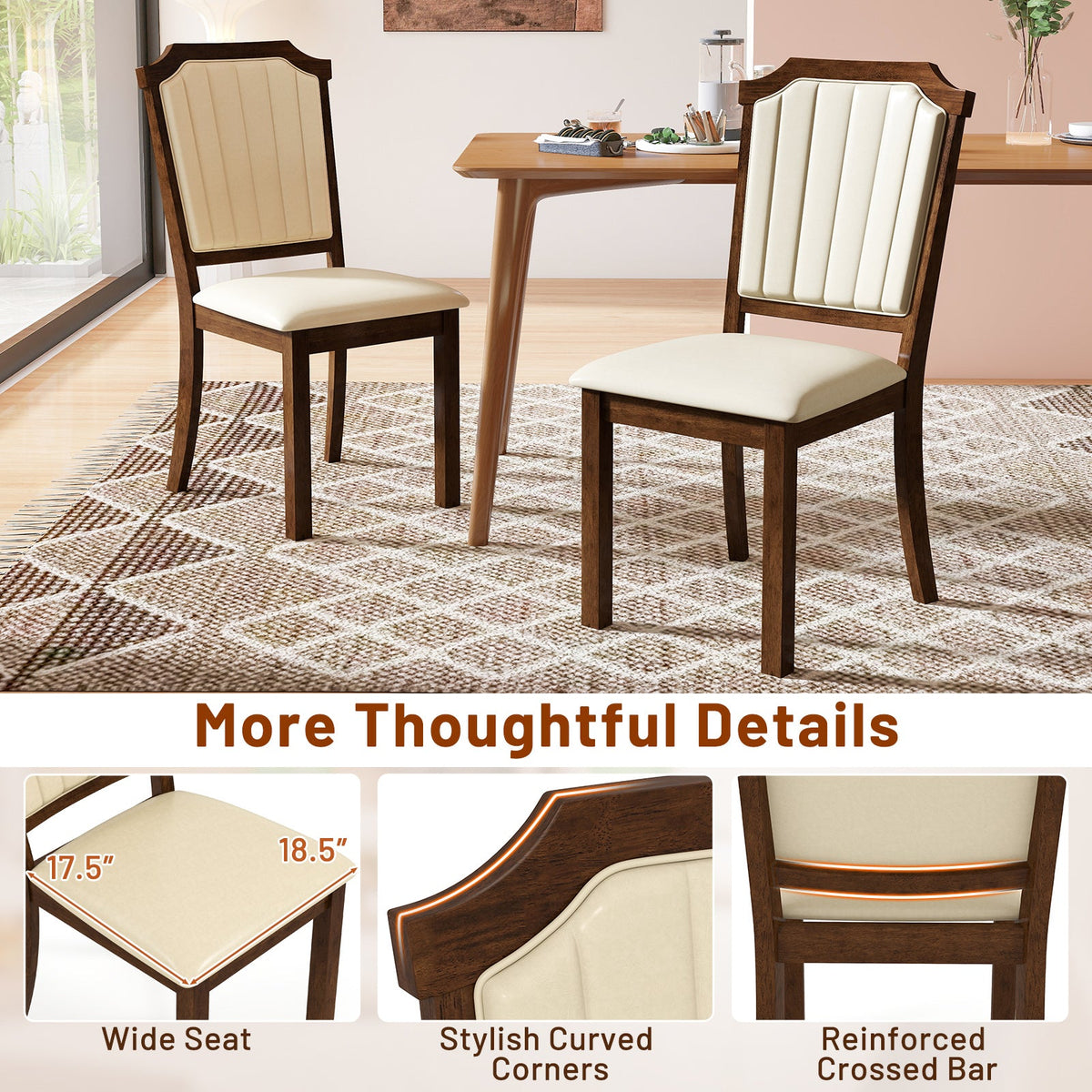 Dining Chair Set of 2 with PU Leather and Rubber Wood Frame-Brown
