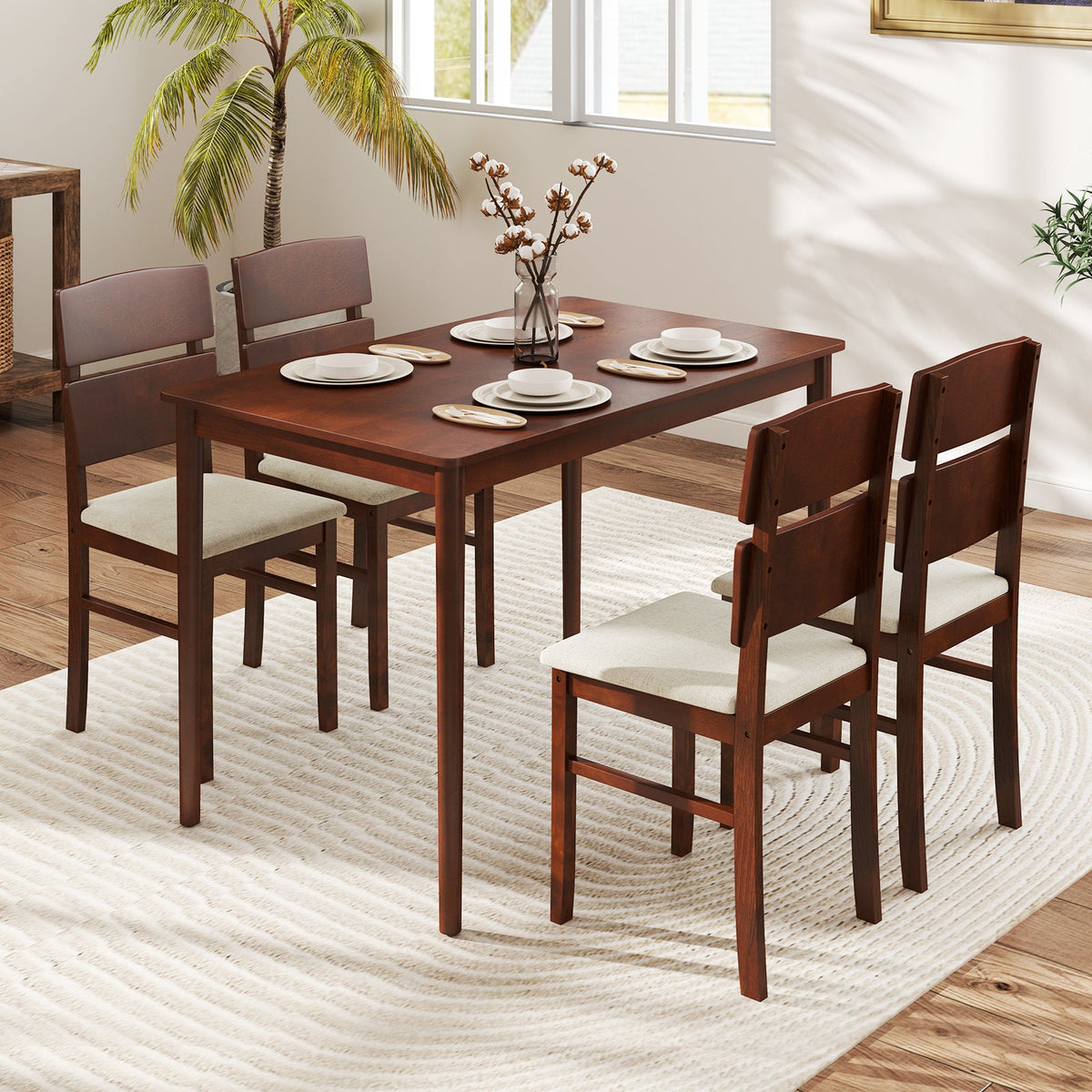 5-Piece Dining Table Set with High Curved Back for 4 People-Walnut