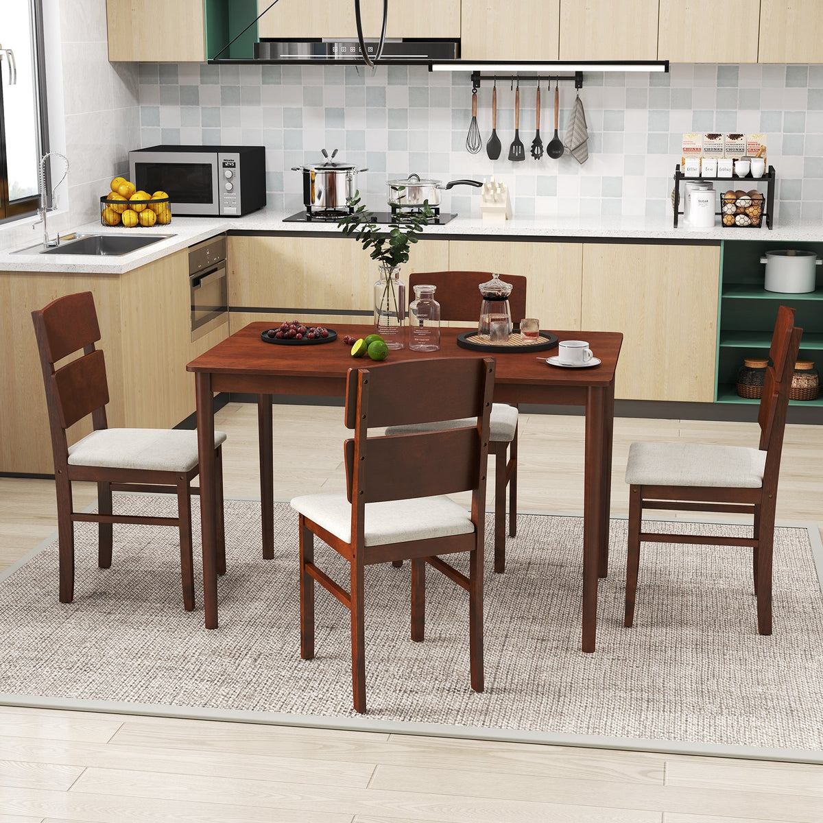 5-Piece Dining Table Set with High Curved Back for 4 People-Walnut
