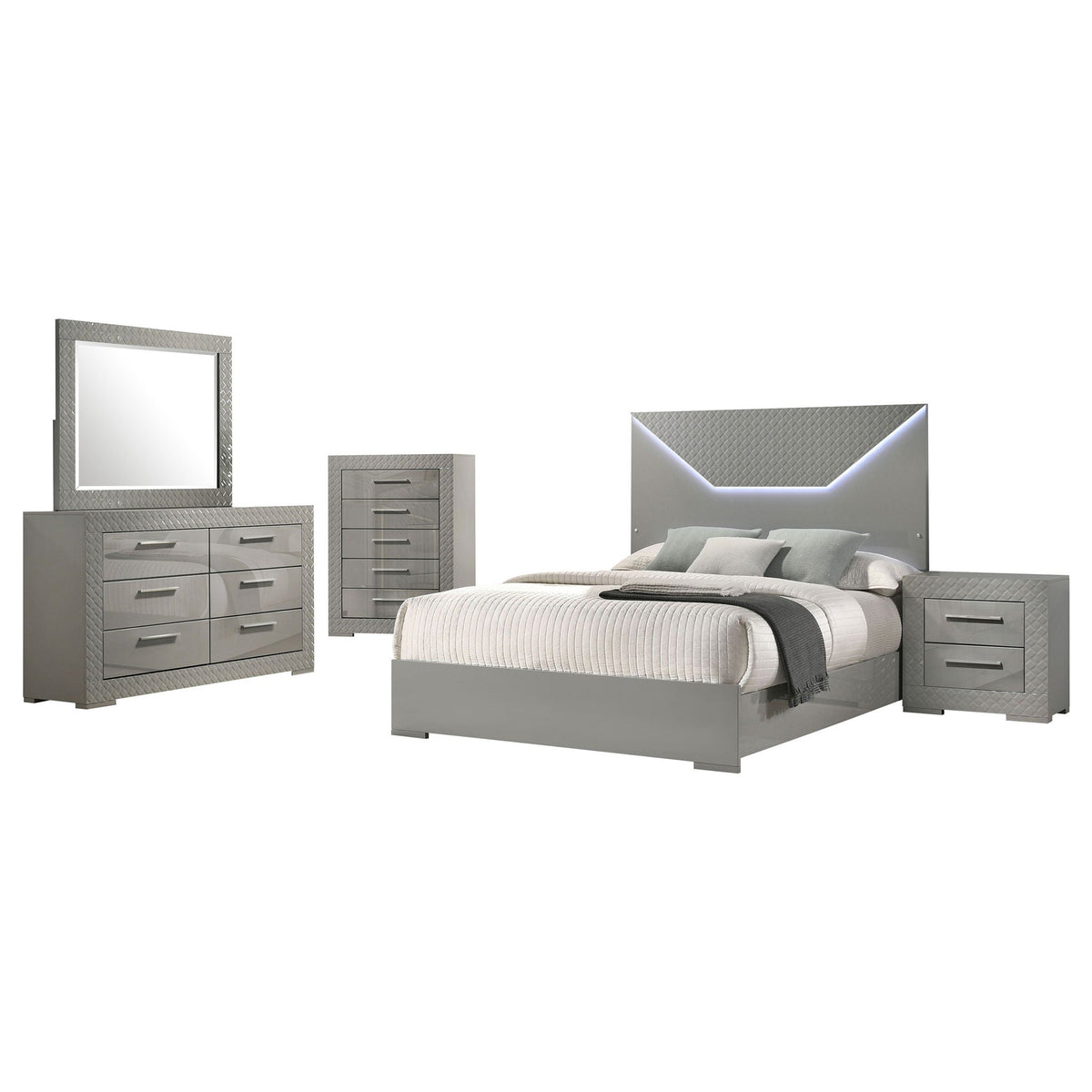 Ives 5-piece Queen Bedroom Set Grey High Gloss