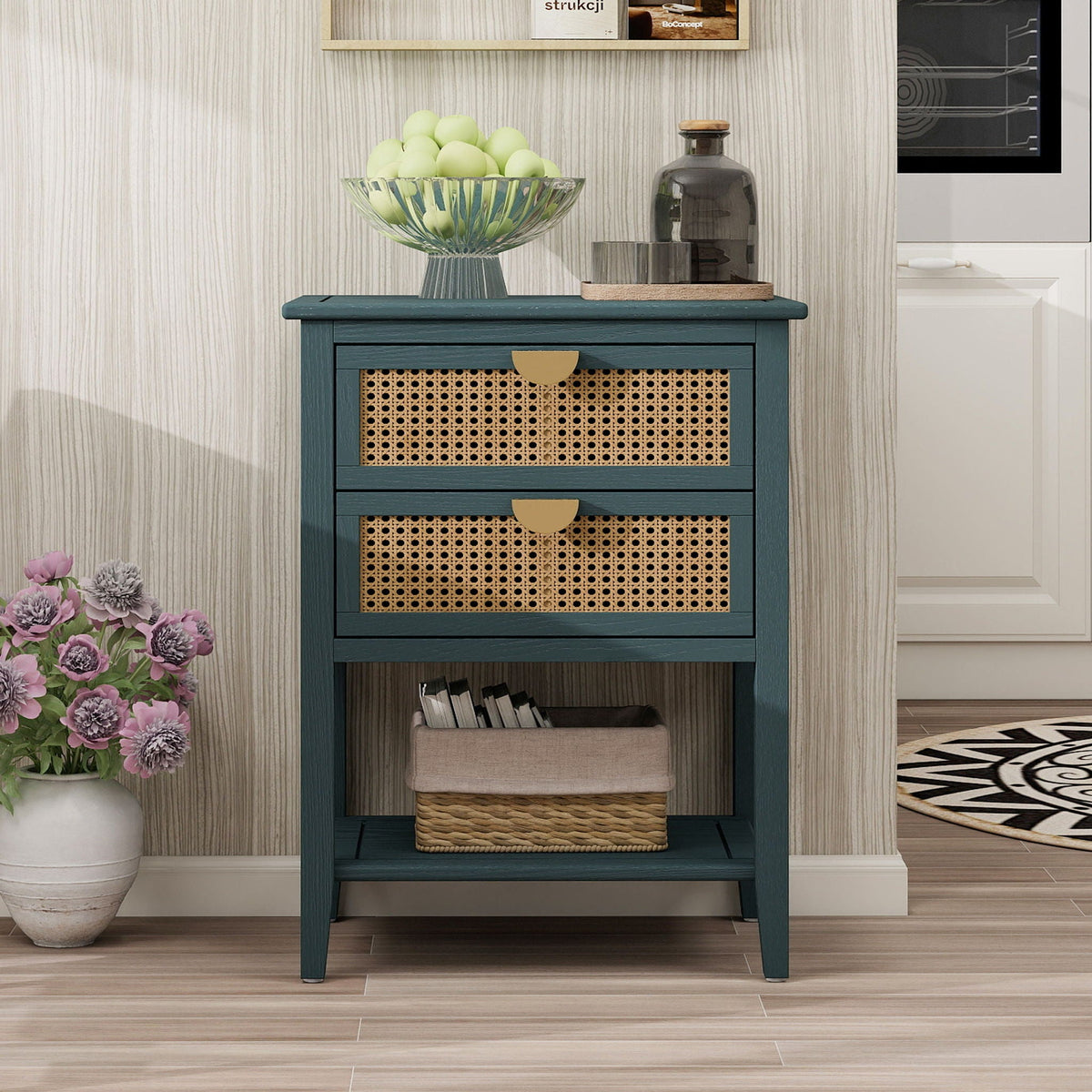 2 Drawer Side Table, Natural Rattan