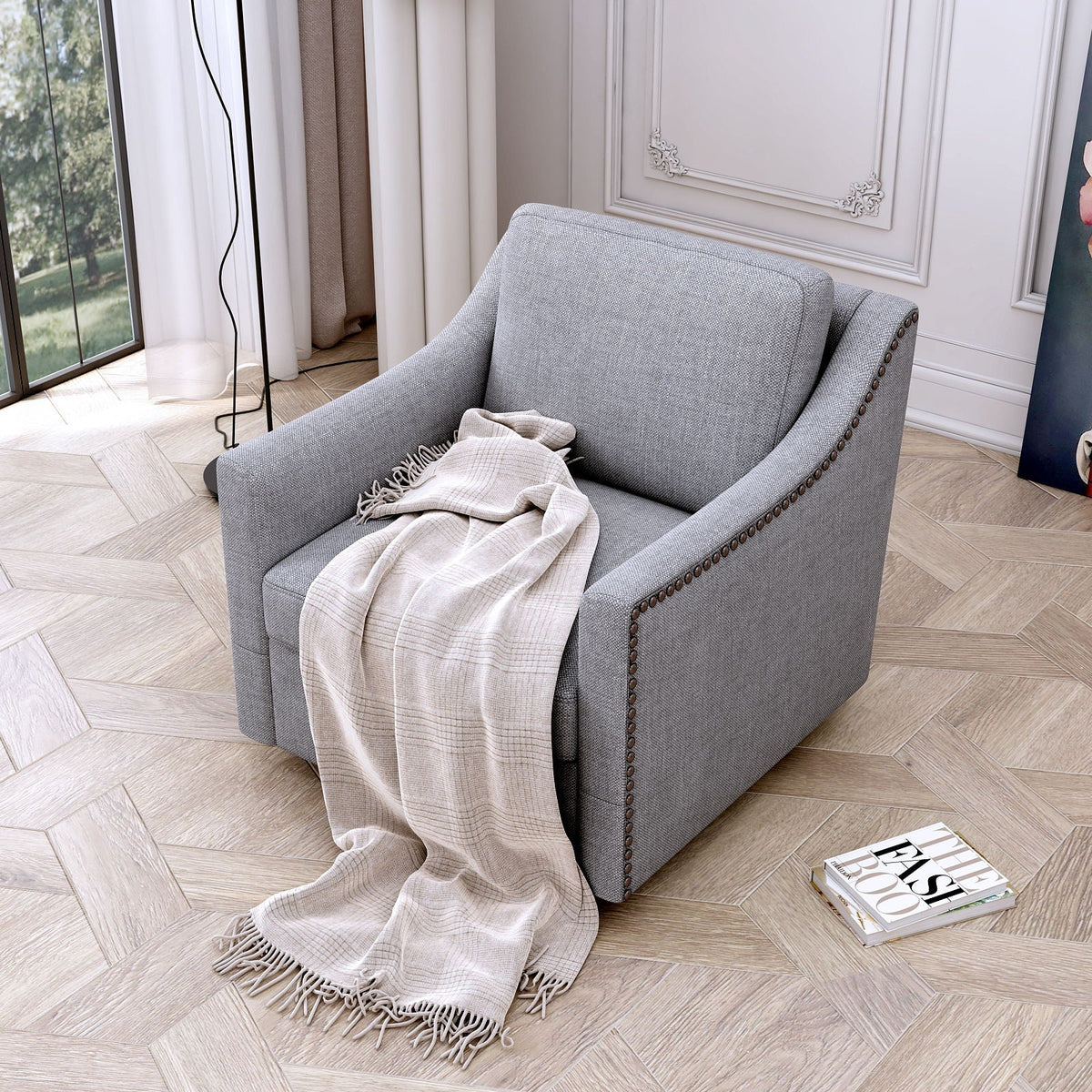 360 Degree Swivel Armchair, Skin Friendly Fabric, Ergonomic Design, Brass Nail Decorative Armchair