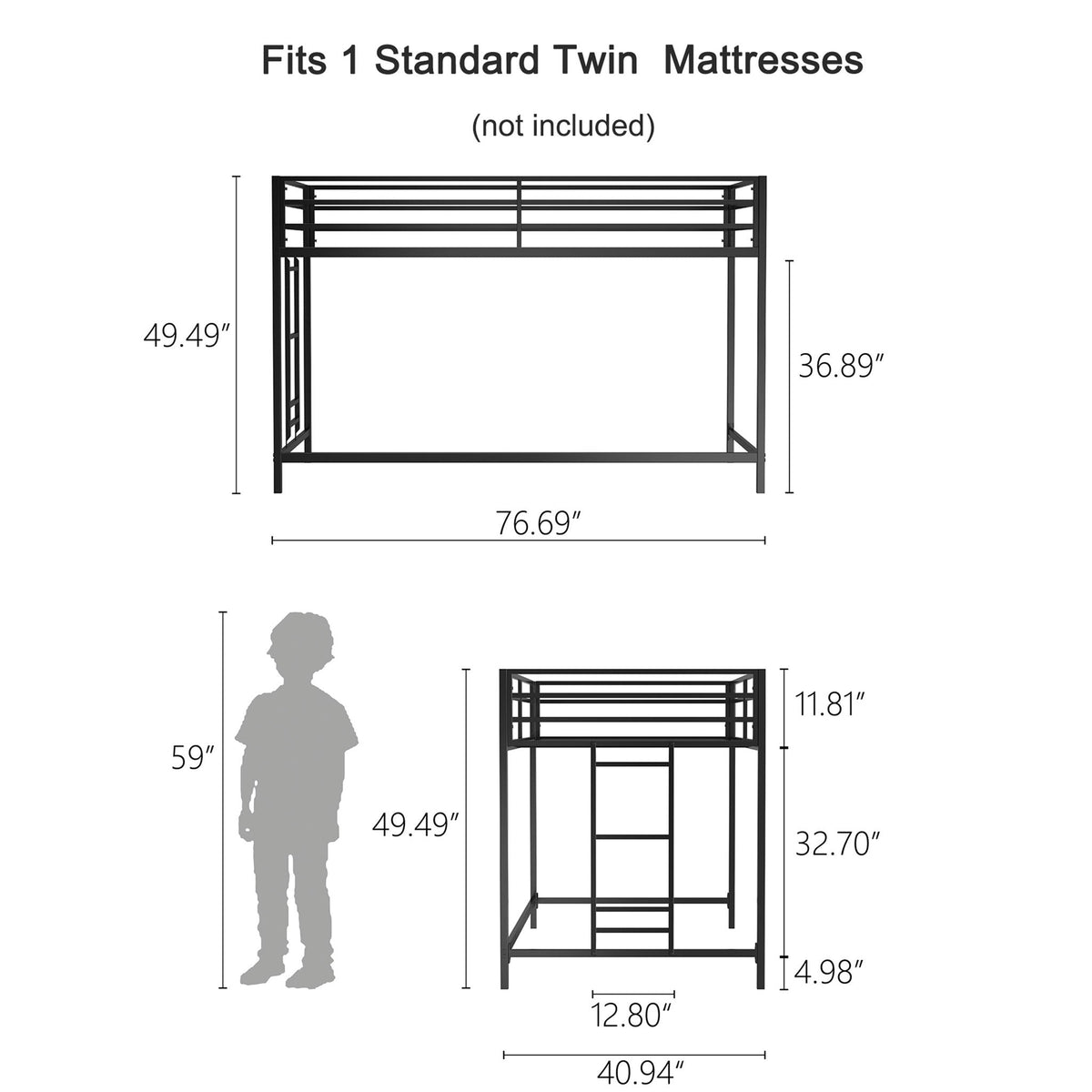 Adam - Twin Loft Bunk - Black
