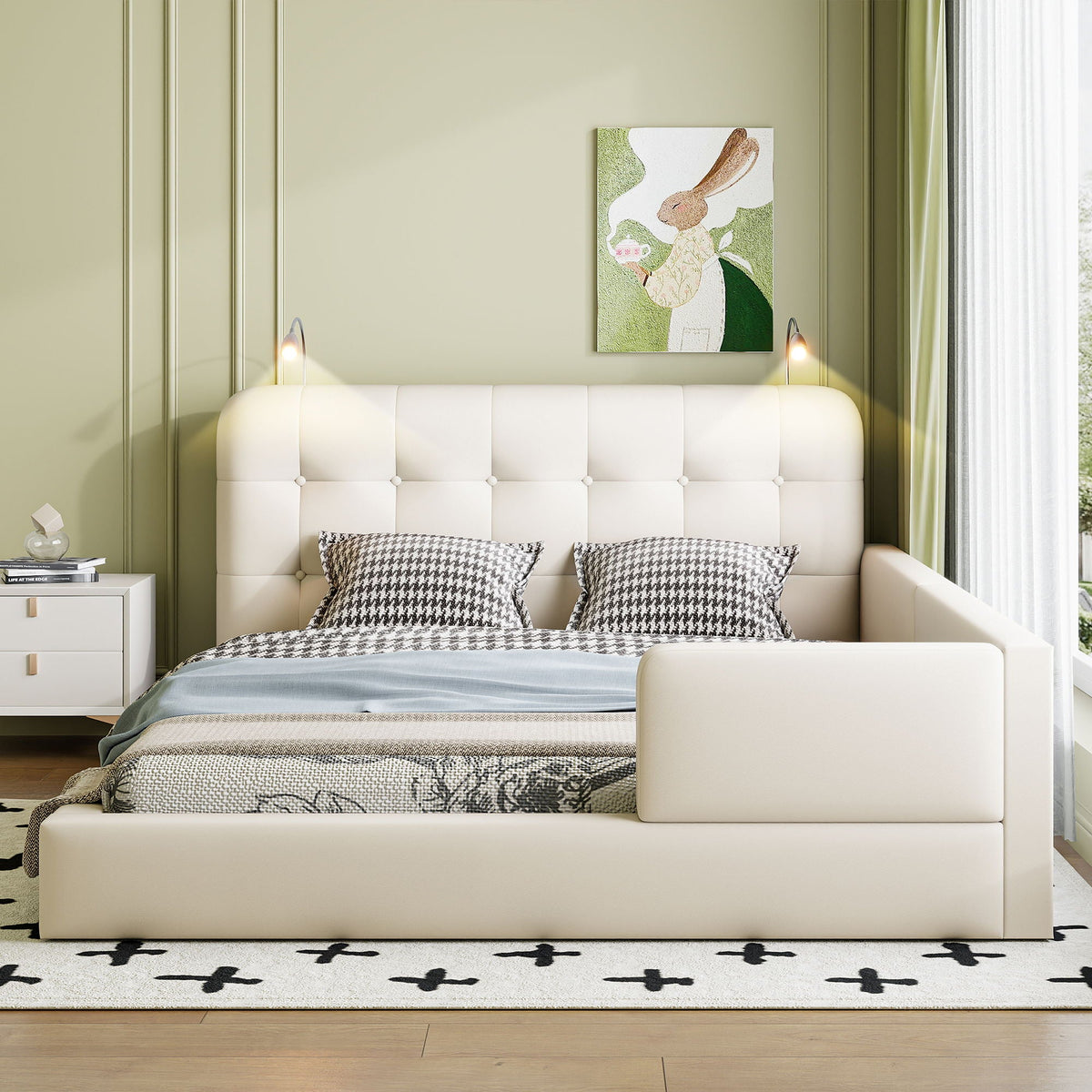 Queen Size Upholstered Platform Bed With 2 Reading Lights - White