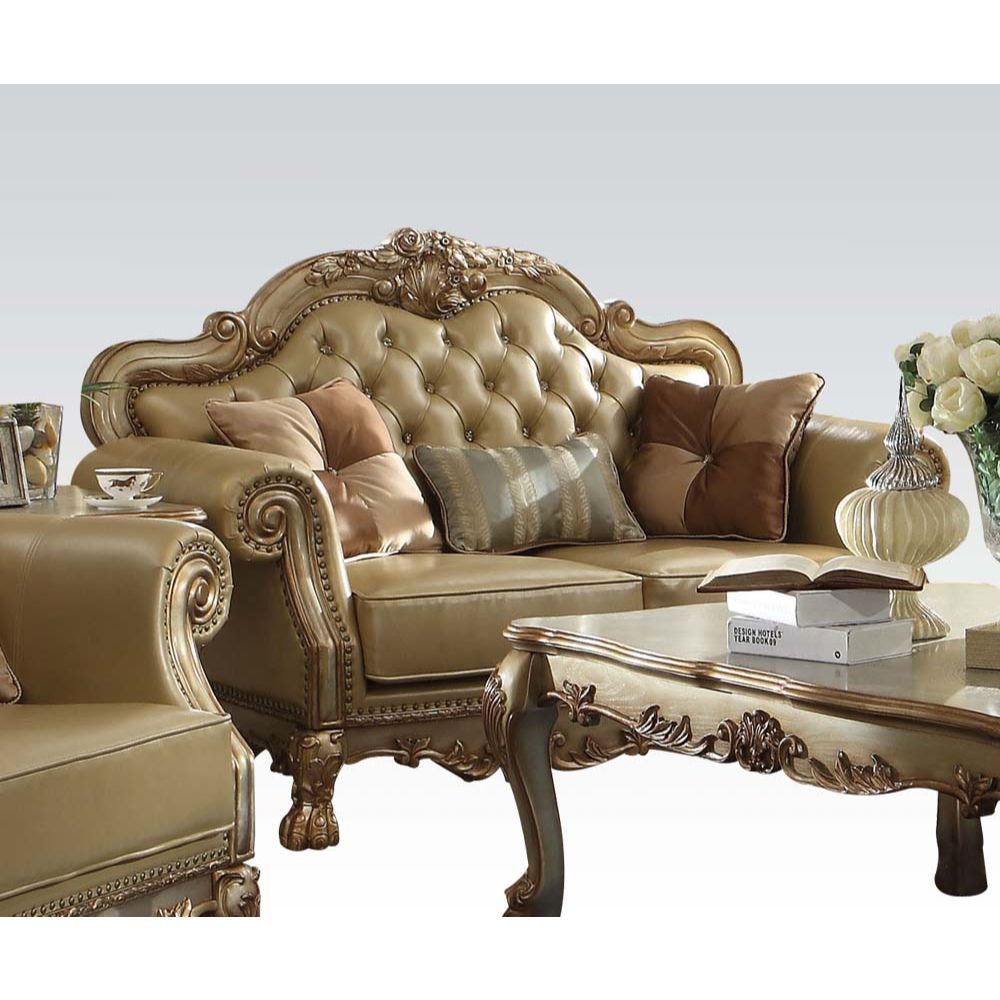 Dresden - Loveseat With 3 Pillows - Bone Synthetic Leather & Gold Patina