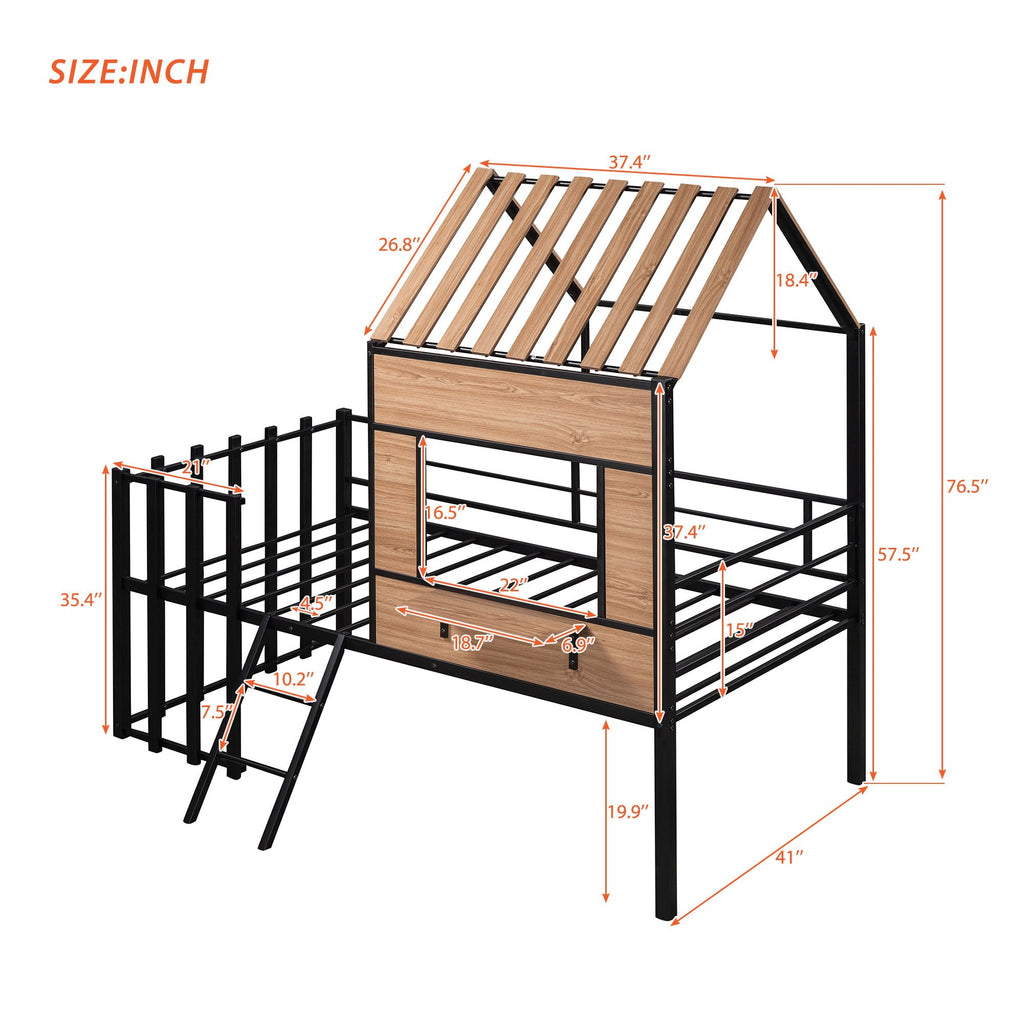 Loft Bed With Roof, Window, Guardrail, Ladder