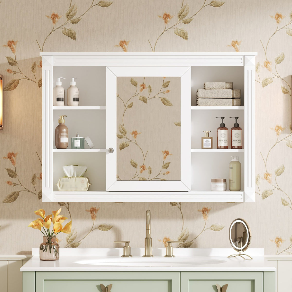 Wall Mounted Bathroom Storage Cabinet With Mirror, Medicine Cabinet With 6 Open Shelves And Adjustable Interior - White