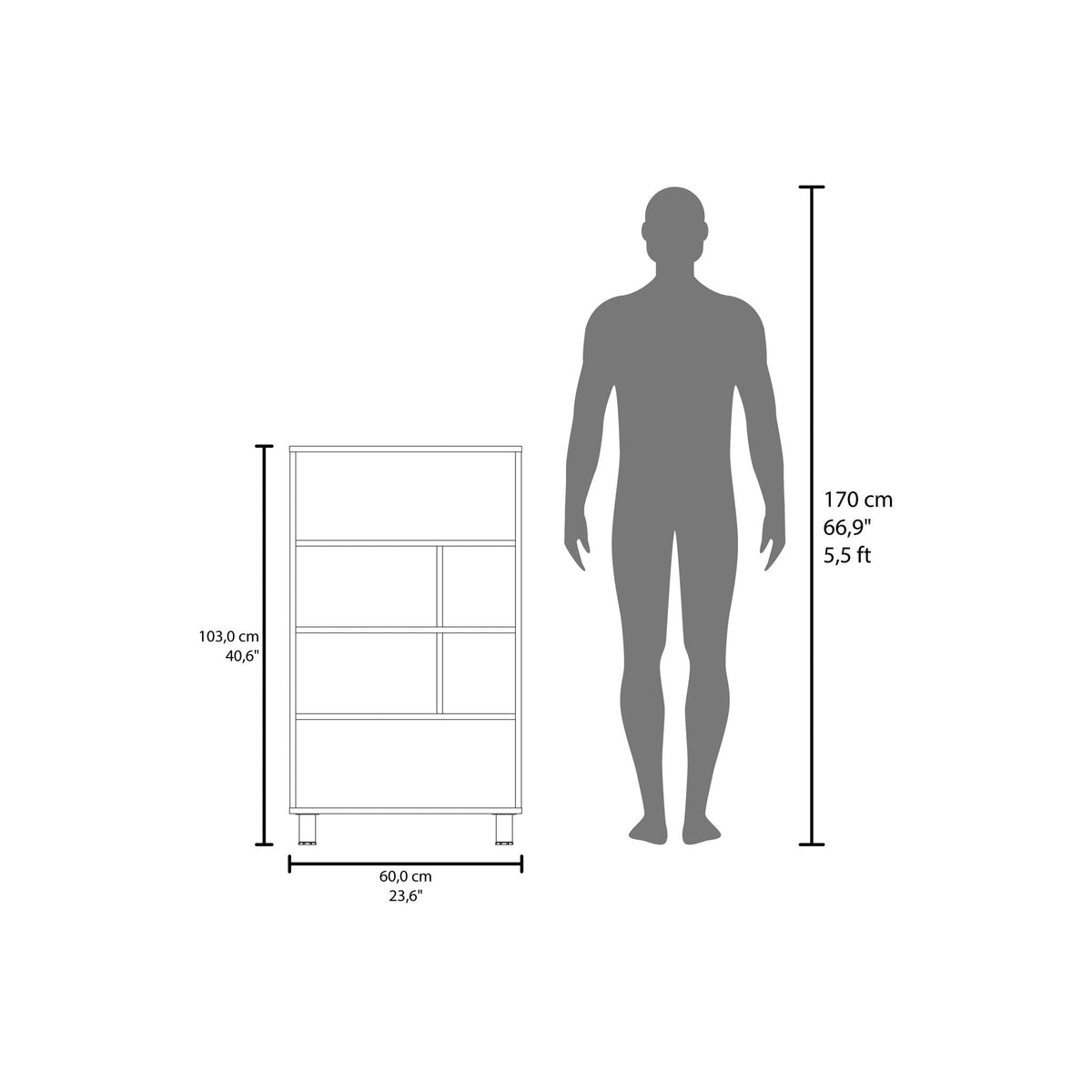 Bookcase, 6 Shelves, 4 Legs - Black