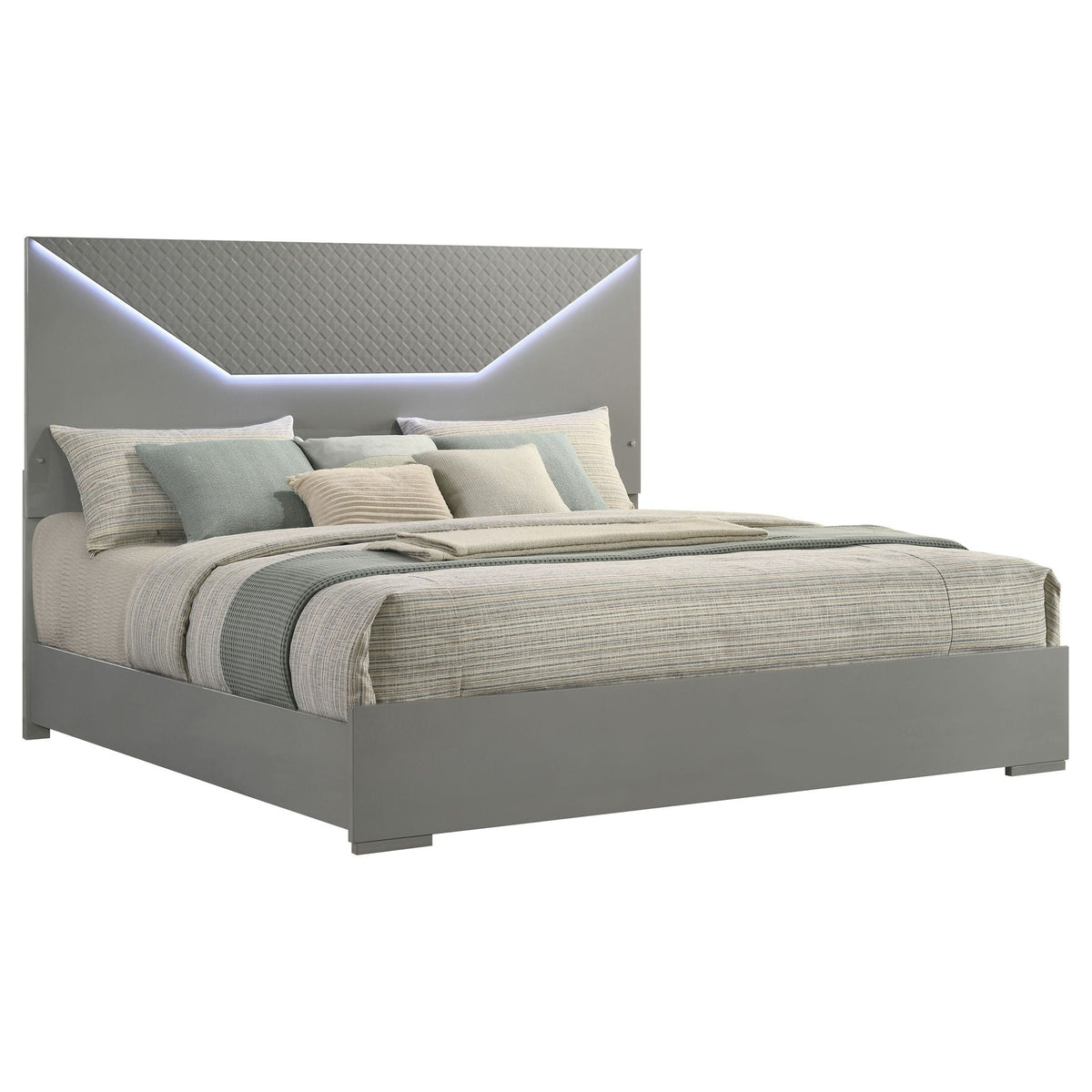 Ives Eastern King Panel Bed LED Headboard Grey High Gloss