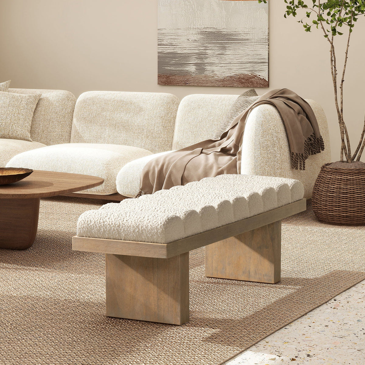 Bella - Upholstered Modern Accent Bench - Ivory White