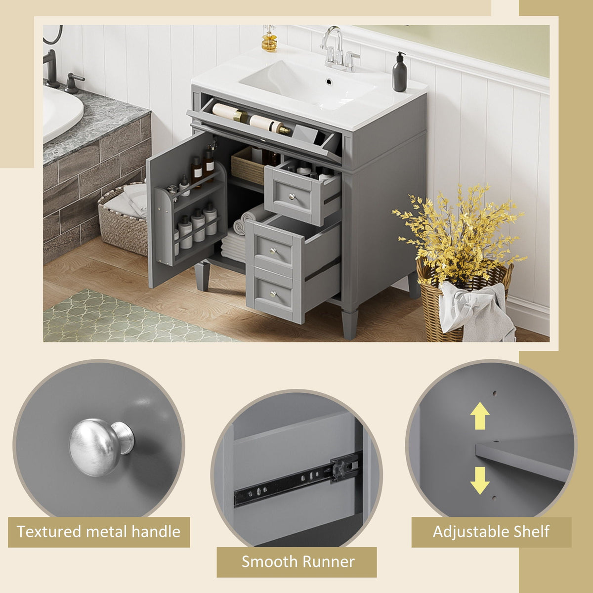 Bathroom Vanity With Top Sink, 2 Drawers & Tip Out Drawer