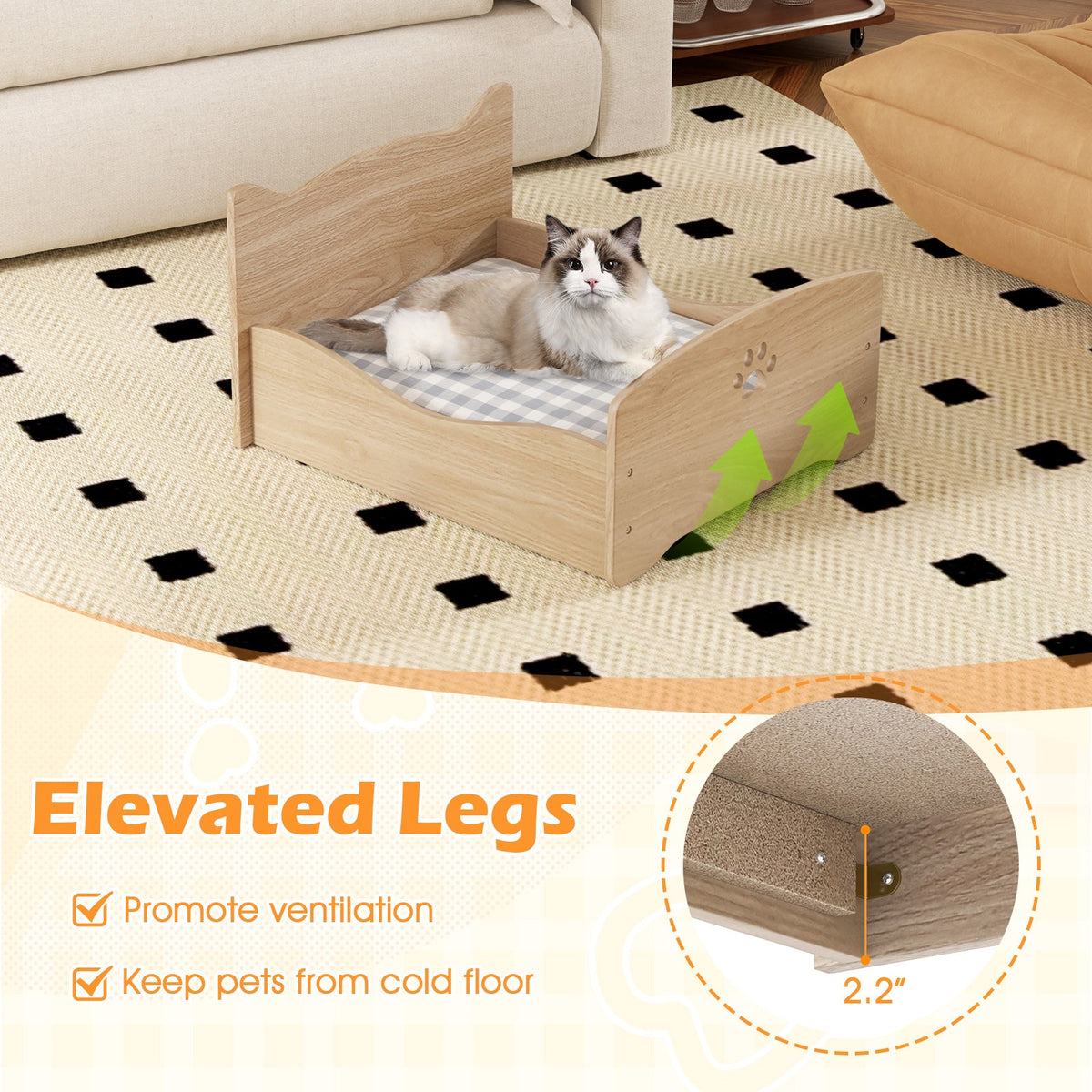 Elevated Pet Bed Frame with Rails and Cute Headboards-Walnut