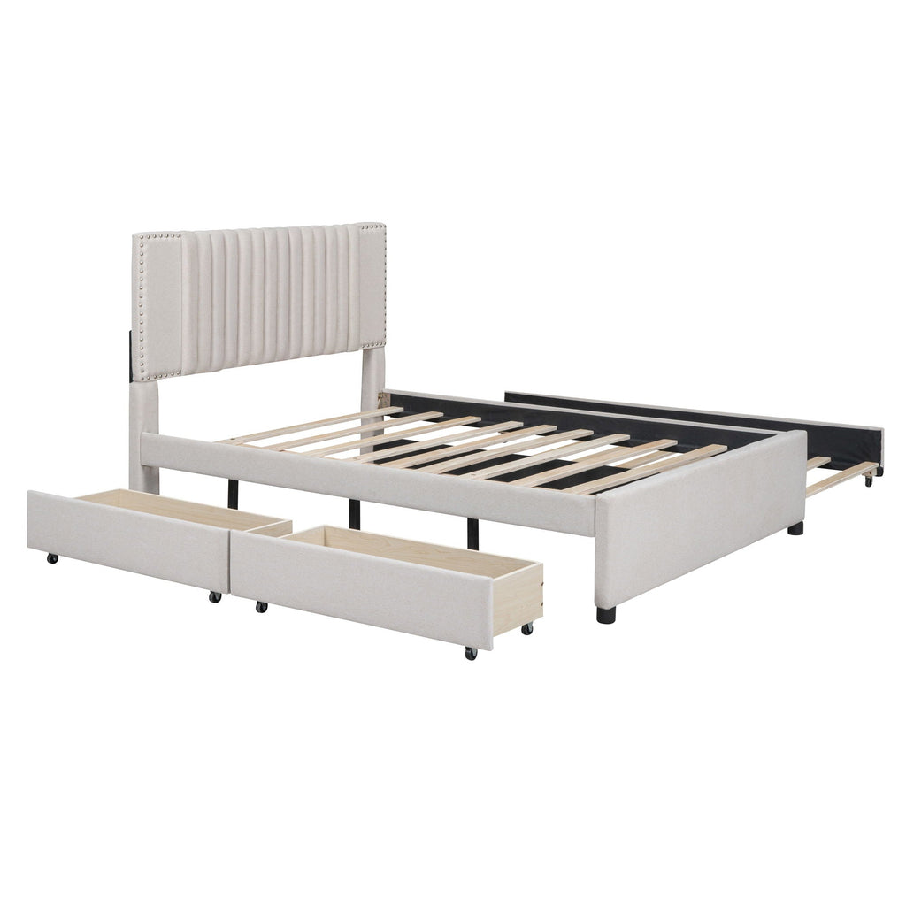 Upholstered Platform Bed With Drawers, Classic Headboard Design