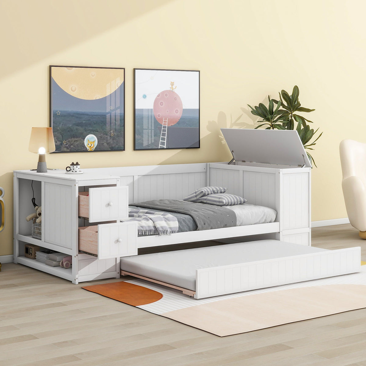Daybed With Storage Arms, Trundle And Charging Station