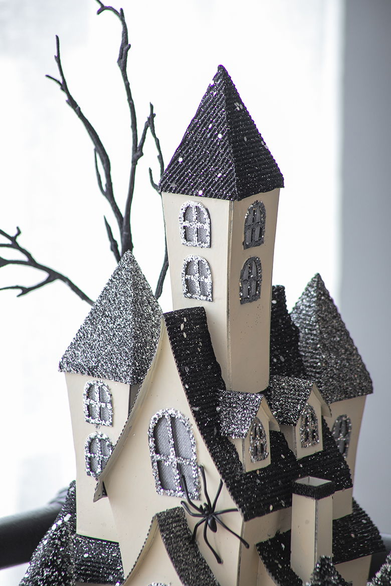 Cardboard Lighted Haunted House, Tabletop Holiday Halloween Decor, Battery Powered - Beige / Black