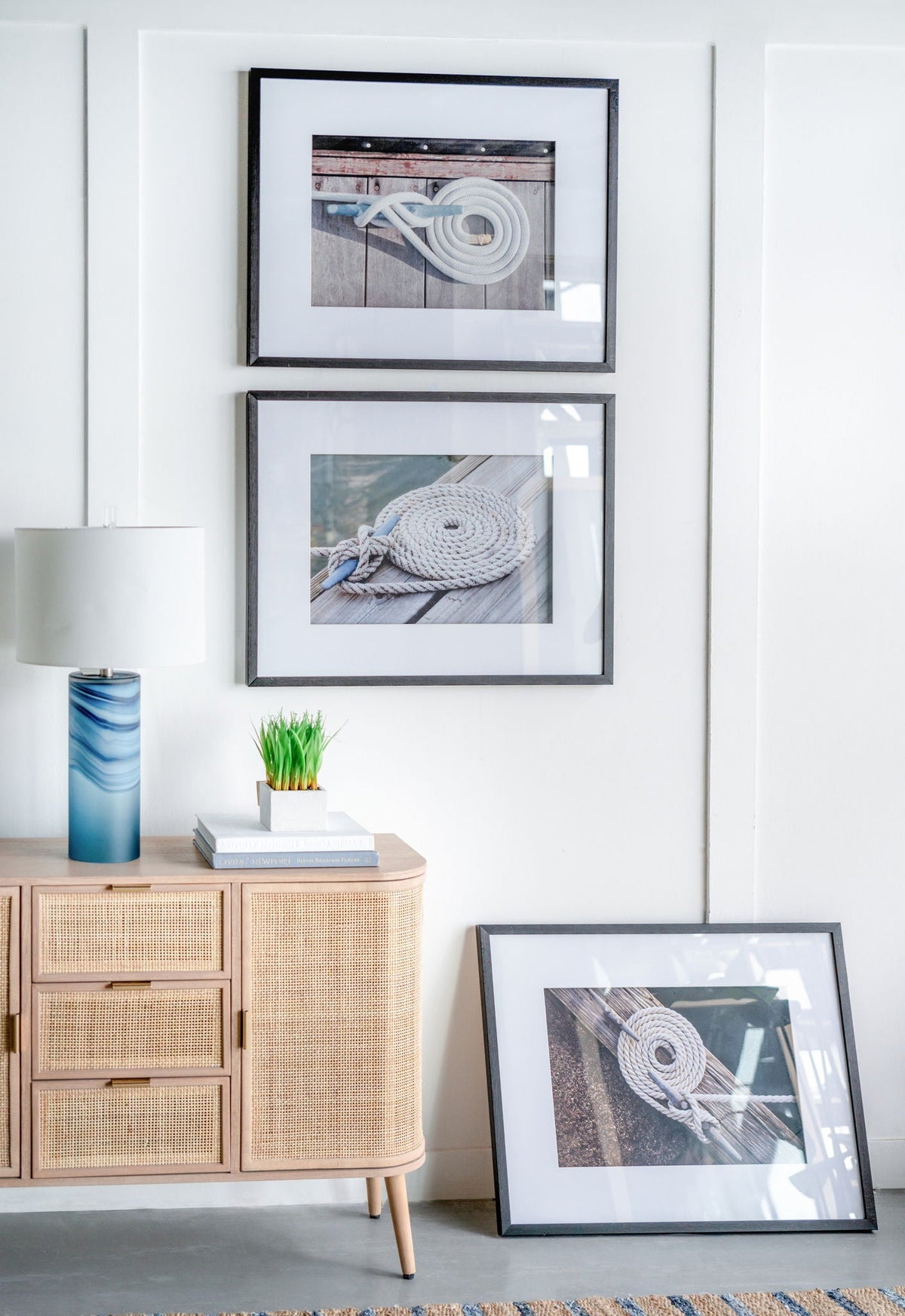 Rope Wall Art With Frame, Wall Decor For Living Room (Set of 3) - White / Black