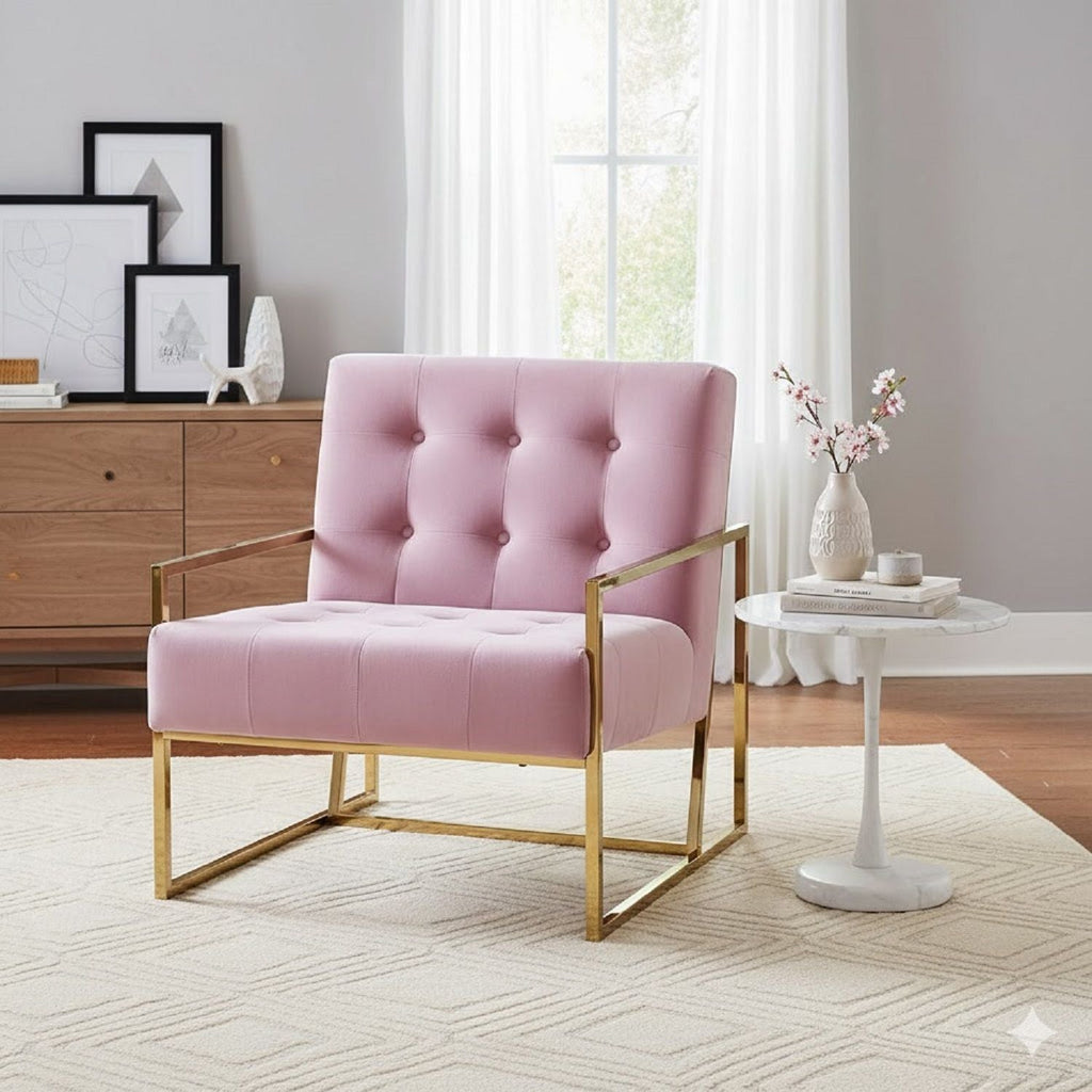 Tufted Accent Armchair With Frame For Living Room - Pink / Gold