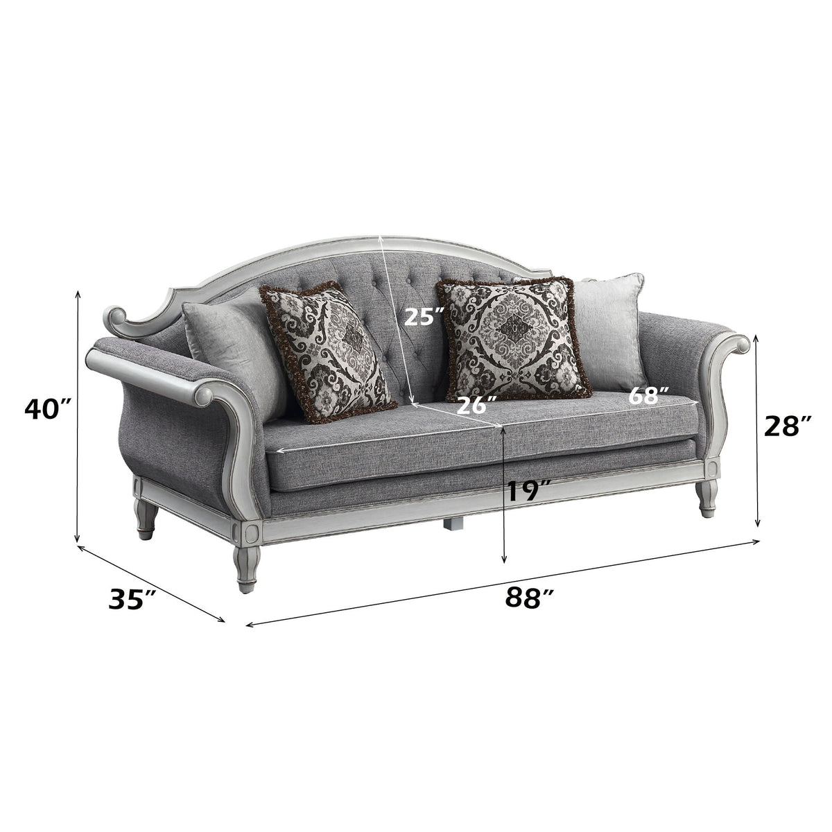 Florian - Sofa With 4 Pillows - Gray Fabric & Antique White