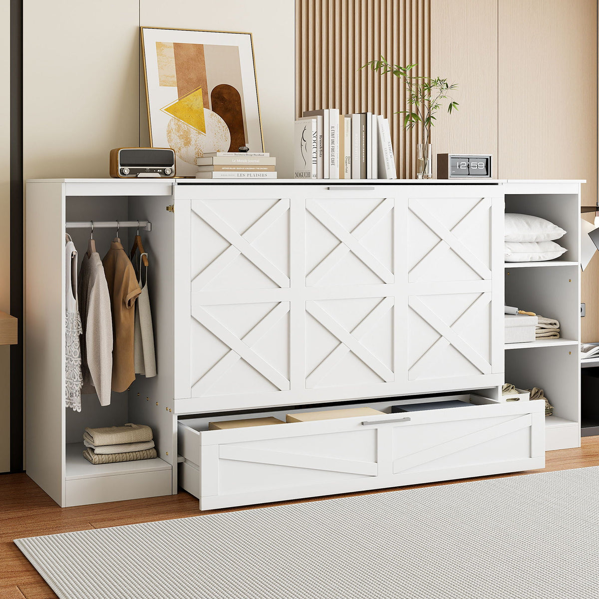 Twin Size Murphy Bed With Bedside Shelves And Wardrobe - White