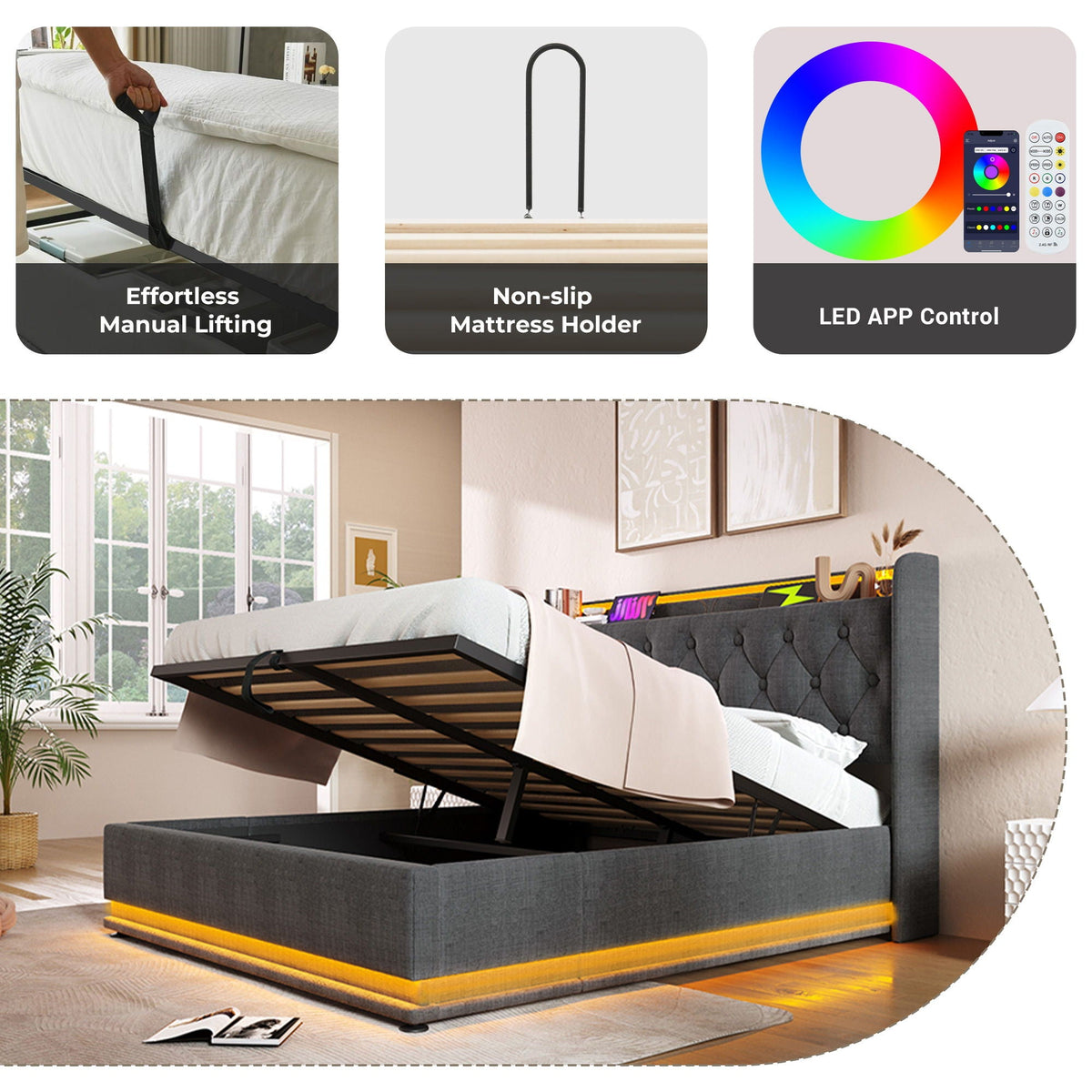 Upholstered Bed, 360 Surround LED Function, Remote Control, Hydraulic Storage Bed With USB, Type-C Charging (Without Mattress)